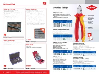 CUTTING TOOLS

                                                                                                                                            Awarded Design
 HSS BIT SET - 170 BITS                                              JIGSAW BLADES SET
 •	 HSS bit set with polished titanium nitride coated                •	 Jigsaw set with single lug shank blades
    groove for better wear resistance                                •	 Includes: T101B (2x); T111C (2x); T119BO (2x); T118A (2x);
 •	 Comes in a steel case with rigid moulded inset to store             T127D (2x)                                                          VDE Diagonal Cutter
    and protect the bits                                             •	 T101B (wood).- Quick cut for soft wood (5 - 50 mm),
                                                                                                                                            	he indispensable diagonal cutter for all-round use
                                                                                                                                             	
                                                                                                                                             t
 •	 Contents:                                                           chipboard, stratified wood, fibreboards, particularly for cutting
                                                                                                                                            	 igh quality material and precise workmanship for long
                                                                                                                                             	
                                                                                                                                             h                                                                                                                   distinctive VDE Design
 •	 (10 of each) - Diameters 1 - 1.5 - 2 - 2.5 - 3 - 3. 5 - 4           in a curve
                                                                                                                                             service life
    - 4.5 - 5 - 5.5 - 6 - 6.5 - 7 - 7 - 8mm; (5 of each) -
                                     .5                              •	 T111C (wood).- For soft wood (4 - 50 mm), chipboard,
                                                                                                                                            	 recision cutting edges for soft and hard wire
                                                                                                                                             	
                                                                                                                                             p
    Diameters 8.5 - 9 - 9.5 - 10mm                                      stratified wood, fibreboard and quick-cutting.                                                                                                                                           rounded collar edges
                                                                                                                                                                                                                                                                 reduce uncomfortable
                                                                     •	 T119BO (wood).- For soft wood (2 - 15 mm), plywood,                                                                                                                                      pressure points
                                                                        chipboard, stratified wood, fibreboard, particularly for cutting
                                                                                                                                                                                      Cutting capacities
                                                                        in a curve
                                                                                                                                                                                                                                                                 recess in the collar
                                                                     •	 T118A (metal).- For fine sheets (1 - 3 mm)
                                                                                                                                            KNIPEX-No. RS-No.       mm              Ø mm Ø mm Ø mm                                                               helps guiding
                                                                     •	 T127D (aluminium and non-ferrous metals).- For fine and thick       70 06 125 500-1468      125              3,0  2,3  1,5                                                               pliers precisely and
                                                                        sheets (3 - 15 mm), pipes and cross sections (Ø <30 mm)                                                                                                                                  securely
                                                                                                                                            70 06 140   158-5322    140               4,0     2,5      1,8
                                                                                                                                            70 06 160   158-5338    160               4,0     2,8      2,0
                                                                                                                                            70 06 180   442-0852    180               4,0     3,0      2,5
                                                                                                                                                                                                                                                                 durable injection-
                                                                                                                                                                                                                                                                 moulded marking
                                                                                                                                            VDE High Leverage Diagonal Cutters
                                                                                                                                            	 ith forged-on axle for heaviest duty
                                                                                                                                              	
                                                                                                                                              w
                                                                                                                                            	 uitable also for piano wire
                                                                                                                                              	
                                                                                                                                              s
                                                                                                                                            	 igh cutting performance with minimum effort
                                                                                                                                              	
                                                                                                                                              h

                                                                                                                                                                                      Cutting capacities


 507-1732          170 pieces                                                                                                               KNIPEX-No. RS-No.       mm              Ø mm Ø mm Ø mm
                                                                                                                                            74 06 160 600-7681      160              3.40 2.50 2.00
                                                                                                                                            74 06 180   158-5344    180              3.80     2.70     2.20
                                                                                                                                            74 06 200   396-6076    200              4.20     3.00     2.50
 SCREW EXTRACTORS
 •	 For removing broken screws and bolts                             349-9504            Set of 10 blades
 •	 Set contains extractor sizes 1-6 plus appropriate HSS drills                                                                            VDE Snipe Nose Side Cutting Pliers
 •	 Comes in a plastic case                                                                                                                 IEC 60900 DIN EN 60900                                            VDE KNIPEX Alligator® VDE
                                                                     HSCO BIT SET                                                            	
                                                                                                                                                                                                              Water Pump Pliers, insulated
                                                                                                                                            high loadable, elastic precision points
                                                                     •	 Set of 19 bits                                                      	
                                                                                                                                             half-round, long jaws                                            DIN ISO 8976 IEC 60900 DIN EN 60900
                                                                     •	 Diameter size: 1 - 10 mm with 0.5 mm increments                     	
                                                                                                                                             serrated gripping surfaces                                       	 elf-locking on pipes and nuts: no slipping on the workpiece and low
                                                                                                                                                                                                                	
                                                                                                                                                                                                                s
                                                                                                                                            	
                                                                                                                                             with cutting edges for wire max. dia. 3.2 mm                       handforce required
                                                                                                                                                                                                              	favourable lever action: optimum transmission of force
                                                                                                                                                                                      Cutting capacities
                                                                                                                                                                                                                                                                                      adjustment
                                                                                                                                            KNIPEX-No. RS-No.       mm                Ø mm           Ø mm      KNIPEX-No. RS-No.       mm               Ø Zoll    Ø mm      mm         positions
                                                                                                                                            26 16 200 158-5372      200                3.20           2.20
                                                                                                                                            26 26 200   158-5388    200                3.20          2.20      88 06 250   396-6060    250                2         50       46           9


                                                                                                                                            VDE Cable Shears
                                                                                                                                            IEC 60900 DIN EN 60900                                            VDE KNIPEX Cobra® VDE
                                                                                                                                                                                                              Hightech Water Pump Pliers, insulated
                                                                                                                                            	 cutting copper and aluminium cables
                                                                                                                                             for
                                                                                                                                             	                                                                DIN ISO 8976 IEC 60900 DIN EN 60900
                                                                                                                                            easy cutting with one-hand operation
                                                                                                                                            	
                                                                                                                                             not suitable for steel wire and                                  	adjustment by shifting the jaw directly on to the workpiece: fast,
                                                                                                                                             hard drawn copper conductors                                       secure and comfortable handling
                                                                                                                                            	
                                                                                                                                             precision ground, hardened blades                                	opening at the touch of a button off the workpiece

                                                                                                                                                                                       Cutting capacities                                                                             adjustment
                                                                                                                                                                                                               KNIPEX-No. RS-No.       mm               Ø Zoll    Ø mm      mm         positions
                                                                                                                                            KNIPEX-No. RS-No.       mm                 Ø mm          mm2
 446-863           Set of 12 pieces                                  365-1487            Set of 19 bits                                     95 16 165 158-5417      165                 15            50       87 26 250   705-5959    250                2         50       46           24
                                                                                                                                            95 16 200   222-2606    165                 15            50


36       May 2011                                 For more brands, products & services please view our website
 