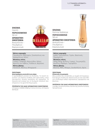 1.2 ΓΥΝΑΙΚΕΙΑ ΑΡΩΜΑΤΑ -
DESIGN
ΠΕΡΙΓΡΑΦΗ
Ακαταμάχητη ανατολίτικη αύρα
Η ακαταμάχητη γοητεία της Ανατολής. Το Harem πε-
ρικλείει μια εξαίσια σύνθεση από φρουτώδεις νότες
μανταρινιού, γλυκιάς σοκολάτας και καραμέλας. Το
σαγηνευτικό γιασεμί και το δυναμικό πατσουλί ολο-
κληρώνουν την gourmet δημιουργία.
ΠΡΟΪΟΝΤΑ ΤΗΣ ΙΔΙΑΣ ΑΡΩΜΑΤΙΚΗΣ ΟΙΚΟΓΕΝΕΙΑΣ
LR Classics HAWAII, MEU by Cristina Ferreira, LR Classics
ANTIGUA
ΟΝΟΜΑ
Harem
ΠΕΡΙΕΧΟΜΕΝΟ
50 ml
ΑΡΩΜΑΤΙΚΗ
ΟΙΚΟΓΕΝΕΙΑ
Ανατολίτικο -
Πουδρένιο -
Σαγηνευτικό
Ingredients (Eau de Parfum)
Alcohol denat., Parfum (Fragrance), Aqua (Water), Hexyl Cinnamal, Butyl-
phenyl Methylpropional, Coumarin, Linalool, Benzyl Alcohol, Limonene,
Benzyl Benzoate, Cinnamyl Alcohol, Hydroxycitronellal, Citronellol, Eugenol,
Benzyl Salicylate, Geraniol, Isoeugenol, Ethylhexyl Methoxycinnamate, Butyl
Methoxydibenzoylmethane, Ethylhexyl Salicylate, CI 14700 (Red 4), CI 17200
(Red 33), CI 19140 (Yellow 5), CI 60730 (Ext. Violet 2)
Νότες κορυφής
Περγαμόντο, Μανταρίνι, Σοκολατένιες και
Καραμελένιες Νότες
Μεσαίες νότες
Γιασεμί, διάφορες Φρουτώδεις Νότες:
Φρούτα του πάθους, Ροδάκινο, Βερίκοκο
Νότες βάσης
Πατσουλί, Βανίλια, Μπαχαρικά
ΠΕΡΙΓΡΑΦΗ
Κλασικός πειρασμός
Μια γυναίκα που συναρπάζει με κομψές λεπτομέρειες.
Ένα άρωμα στιλάτο και σαγηνευτικό με έναν ασυνήθι-
στο συνδυασμό ανθών πορτοκαλιού, γαρύφαλλου και
βανίλιας.
ΠΡΟΪΟΝΤΑ ΤΗΣ ΙΔΙΑΣ ΑΡΩΜΑΤΙΚΗΣ ΟΙΚΟΓΕΝΕΙΑΣ
Lovingly, Karolina Kurkova, Karolina by Karolina Kurkova,
Sensual Grace
ΟΝΟΜΑ
Femme Noblesse
ΠΕΡΙΕΧΟΜΕΝΟ
50 ml
ΑΡΩΜΑΤΙΚΗ ΟΙΚΟΓΕΝΕΙΑ
Ανατολίτικο -
Πουδρένιο -
Σαγηνευτικό
Ingredients (Eau de Parfum)
Alcohol denat., Parfum (Fragrance), Aqua (Water), Alpha-Isomethyl Ionone,
Hydroxyisohexyl 3-Cyclohexene Carboxaldehyde, Linalool, Limonene, Benzyl
Salicylate, Eugenol, Geraniol, Butylphenyl Methylpropional, Benzyl Benzoate,
Citronellol, Coumarin, Cinnamal, Citral, Isoeugenol, Farnesol, Benzyl Alcohol
Νότες κορυφής
Ανθός Πορτοκαλιού, Γεράνι, Βασιλικός,
Περγαμόντο
Μεσαίες νότες
Ylang Ylang, Βιολέτα, Γιασεμί, Τουμπερόζα,
Κανέλλα, Κάρδαμο, Γαρύφαλλο
Νότες βάσης
Βανίλια, Μέλι, Μόσχος, Σανδαλόξυλο, Βρύα
Product Manual 2018 GR.indb 107 20-Dec-17 11:11:11 AM
 