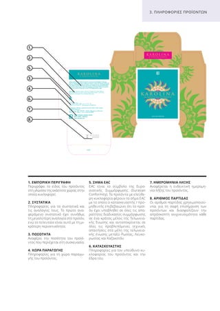 Health & Beauty Systems GmbH
59215 Ahlen · Germany
www.LRworld.com
1. ΕΜΠΟΡΙΚΗ ΠΕΡΙΓΡΑΦΗ
Περιγράφει το είδος του προϊόντος
στη γλώσσα της εκάστοτε χώρας στην
οποία κυκλοφορεί.
2. ΣΥΣΤΑΤΙΚΑ
Πληροφορίες για τα συστατικά και
τις αναλογίες τους. Το πρώτο ανα-
φερόμενο συστατικό έχει συνήθως
τη μεγαλύτερη αναλογία στο προϊόν,
ενώ το τελευταίο είναι αυτό με τη μι-
κρότερη περιεκτικότητα.
3. ΠΟΣΟΤΗΤΑ
Αναφέρει την ποσότητα του προϊό-
ντος που περιέχεται στη συσκευασία.
4. ΧΩΡΑ ΠΑΡΑΓΩΓΗΣ
Πληροφορίες για τη χώρα παραγω-
γής του προϊόντος.
5. ΣΗΜΑ EAC
EAC είναι το σύμβολο της Ευρα-
σιατικής Συμμόρφωσης (Eurasian
Conformity). Τα προϊόντα με ελεύθε-
ρη κυκλοφορία φέρουν το σήμα EAC
με το οποίο ο κατασκευαστής / προ-
μηθευτής επιβεβαιώνει ότι το προϊ-
όν έχει υποβληθεί σε όλες τις απα-
ραίτητες διαδικασίες συμμόρφωσης
σε ένα κράτος μέλος της Τελωνεια-
κής Ένωσης και ανταποκρίνεται σε
όλες τις προβλεπόμενες τεχνικές
απαιτήσεις στα μέλη της τελωνεια-
κής ένωσης μεταξύ Ρωσίας, Λευκο-
ρωσίας και Καζακστάν.
6. ΚΑΤΑΣΚΕΥΑΣΤΗΣ
Πληροφορίες για τον υπεύθυνο κυ-
κλοφορίας του προϊόντος και την
έδρα του.
7. ΗΜΕΡΟΜΗΝΙΑ ΛΗΞΗΣ
Αναφέρεται η ενδεικτική ημερομη-
νία λήξης του προϊόντος.
8. ΑΡΙΘΜΟΣ ΠΑΡΤΙΔΑΣ
Οι αριθμοί παρτίδας χρησιμοποιού-
νται για τη σαφή επισήμανση των
προϊόντων και διασφαλίζουν την
απρόσκοπτη ανιχνευσιμότητα κάθε
παρτίδας.
1.
6.
2.
7.
5.
8.
3.
4.
26.03.2017
34567896
3. ΠΛΗΡΟΦΟΡΙΕΣ ΠΡΟΪΟΝΤΩΝ
Product Manual 2018 GR.indb 123 20-Dec-17 11:11:49 AM
 