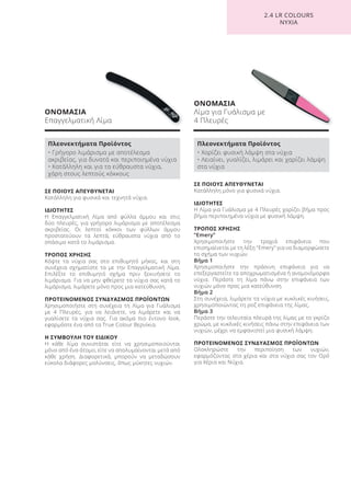 ΟΝΟΜΑΣΙΑ
Επαγγελματική Λίμα
ΟΝΟΜΑΣΙΑ
Λίμα για Γυάλισμα με
4 Πλευρές
ΣΕ ΠΟΙΟΥΣ ΑΠΕΥΘΥΝΕΤΑΙ
Κατάλληλη μόνο για φυσικά νύχια.
ΙΔΙΟΤΗΤΕΣ
Η Λίμα για Γυάλισμα με 4 Πλευρές χαρίζει βήμα προς
βήμα περιποιημένα νύχια με φυσική λάμψη.
ΤΡΟΠΟΣ ΧΡΗΣΗΣ
“Emery”
Χρησιμοποιήστε την τραχιά επιφάνεια που
επισημαίνεται με τη λέξη "Emery" για να διαμορφώσετε
το σχήμα των νυχιών.
Βήμα 1
Χρησιμοποιήστε την πράσινη επιφάνεια για να
επεξεργαστείτε τα αποχρωματισμένα ή ανομοιόμορφα
νύχια. Περάστε τη λίμα πάνω στην επιφάνεια των
νυχιών μόνο προς μια κατεύθυνση.
Βήμα 2
Στη συνέχεια, λιμάρετε τα νύχια με κυκλικές κινήσεις,
χρησιμοποιώντας τη ροζ επιφάνεια της λίμας.
Βήμα 3
Περάστε την τελευταία πλευρά της λίμας με το γκρίζο
χρώμα, με κυκλικές κινήσεις πάνω στην επιφάνεια των
νυχιών, μέχρι να εμφανιστεί μια φυσική λάμψη.
ΠΡΟΤΕΙΝΟΜΕΝΟΣ ΣΥΝΔΥΑΣΜΟΣ ΠΡΟΪΟΝΤΩΝ
Ολοκληρώστε την περιποίηση των νυχιών,
εφαρμόζοντας στα χέρια και στα νύχια σας τον Ορό
για Χέρια και Νύχια.
ΣΕ ΠΟΙΟΥΣ ΑΠΕΥΘΥΝΕΤΑΙ
Κατάλληλη για φυσικά και τεχνητά νύχια.
ΙΔΙΟΤΗΤΕΣ
Η Επαγγελματική Λίμα από φύλλα άμμου και στις
δύο πλευρές, για γρήγορο λιμάρισμα με αποτέλεσμα
ακριβείας. Οι λεπτοί κόκκοι των φύλλων άμμου
προστατεύουν τα λεπτά, εύθραυστα νύχια από το
σπάσιμο κατά το λιμάρισμα.
ΤΡΟΠΟΣ ΧΡΗΣΗΣ
Κόψτε τα νύχια σας στο επιθυμητό μήκος, και στη
συνέχεια σχηματίστε τα με την Επαγγελματική Λίμα.
Επιλέξτε το επιθυμητό σχήμα πριν ξεκινήσετε το
λιμάρισμα. Για να μην φθείρετε τα νύχια σας κατά το
λιμάρισμα, λιμάρετε μόνο προς μια κατεύθυνση.
ΠΡΟΤΕΙΝΟΜΕΝΟΣ ΣΥΝΔΥΑΣΜΟΣ ΠΡΟΪΟΝΤΩΝ
Χρησιμοποιήστε στη συνέχεια τη Λίμα για Γυάλισμα
με 4 Πλευρές, για να λειάνετε, να λιμάρετε και να
γυαλίσετε τα νύχια σας. Για ακόμα πιο έντονο look,
εφαρμόστε ένα από τα True Colour Βερνίκια.
Η ΣΥΜΒΟΥΛΗ ΤΟΥ ΕΙΔΙΚΟΥ
Η κάθε λίμα συνιστάται είτε να χρησιμοποιούνται
μόνο από ένα άτομο, είτε να απολυμαίνονται μετά από
κάθε χρήση. Διαφορετικά, μπορούν να μεταδώσουν
εύκολα διάφορες μολύνσεις, όπως μύκητες νυχιών.
2.4 LR COLOURS
ΝΥΧΙΑ
Πλεονεκτήματα Προϊόντος
• Γρήγορο λιμάρισμα με αποτέλεσμα
ακριβείας, για δυνατά και περιποιημένα νύχια
• Κατάλληλη και για τα εύθραυστα νύχια,
χάρη στους λεπτούς κόκκους
Πλεονεκτήματα Προϊόντος
• Χαρίζει φυσική λάμψη στα νύχια
• Λειαίνει, γυαλίζει, λιμάρει και χαρίζει λάμψη
στα νύχια
Product Manual 2018 GR.indb 173 20-Dec-17 11:14:10 AM
 