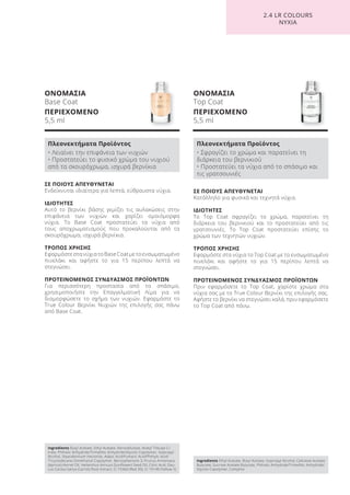 ΟΝΟΜΑΣΙΑ
Base Coat
ΠΕΡΙΕΧΟΜΕΝΟ
5,5 ml
ΟΝΟΜΑΣΙΑ
Top Coat
ΠΕΡΙΕΧΟΜΕΝΟ
5,5 ml
ΣΕ ΠΟΙΟΥΣ ΑΠΕΥΘΥΝΕΤΑΙ
Κατάλληλο για φυσικά και τεχνητά νύχια.
ΙΔΙΟΤΗΤΕΣ
Το Top Coat σφραγίζει το χρώμα, παρατείνει τη
διάρκεια του βερνικιού και το προστατεύει από τις
γρατσουνιές. Το Top Coat προστατεύει επίσης το
χρώμα των τεχνητών νυχιών.
ΤΡΟΠΟΣ ΧΡΗΣΗΣ
Εφαρμόστε στα νύχια το Top Coat με το ενσωματωμένο
πινελάκι και αφήστε το για 15 περίπου λεπτά να
στεγνώσει.
ΠΡΟΤΕΙΝΟΜΕΝΟΣ ΣΥΝΔΥΑΣΜΟΣ ΠΡΟΪΟΝΤΩΝ
Πριν εφαρμόσετε το Top Coat, χαρίστε χρώμα στα
νύχια σας με το True Colour Βερνίκι της επιλογής σας.
Αφήστε το βερνίκι να στεγνώσει καλά, πριν εφαρμόσετε
το Top Coat από πάνω.
ΣΕ ΠΟΙΟΥΣ ΑΠΕΥΘΥΝΕΤΑΙ
Ενδείκνυται ιδιαίτερα για λεπτά, εύθραυστα νύχια.
ΙΔΙΟΤΗΤΕΣ
Αυτό το βερνίκι βάσης γεμίζει τις αυλακώσεις στην
επιφάνεια των νυχιών και χαρίζει ομοιόμορφα
νύχια. Το Base Coat προστατεύει τα νύχια από
τους αποχρωματισμούς που προκαλούνται από τα
σκουρόχρωμα, ισχυρά βερνίκια.
ΤΡΟΠΟΣ ΧΡΗΣΗΣ
Εφαρμόστε στα νύχια το Base Coat με το ενσωματωμένο
πινελάκι και αφήστε το για 15 περίπου λεπτά να
στεγνώσει.
ΠΡΟΤΕΙΝΟΜΕΝΟΣ ΣΥΝΔΥΑΣΜΟΣ ΠΡΟΪΟΝΤΩΝ
Για περισσότερη προστασία από το σπάσιμο,
χρησιμοποιήστε την Επαγγελματική Λίμα για να
διαμορφώσετε το σχήμα των νυχιών. Εφαρμόστε το
True Colour Βερνίκι Νυχιών της επιλογής σας πάνω
από Base Coat.
2.4 LR COLOURS
ΝΥΧΙΑ
Ingredients Butyl Acetate, Ethyl Acetate, Nitrocellulose, Acetyl Tributyl Ci-
trate, Phthalic Anhydride/Trimellitic Anhydride/Glycols Copolymer, Isopropyl
Alcohol, Stearalkonium Hectorite, Adipic Acid/Fumaric Acid/Phthylic Acid/
Tricyclodecane Dimethanol Copolymer, Benzophenone-3, Prunus Armeniaca
(Apricot) Kernel Oil, Helianthus Annuus (Sunflower) Seed Oil, Citric Acid, Dau-
cus Carota Sativa (Carrot) Root Extract, CI 73360 (Red 30), CI 19140 (Yellow 5)
Πλεονεκτήματα Προϊόντος
• Λειαίνει την επιφάνεια των νυχιών
• Προστατεύει το φυσικό χρώμα του νυχιού
από τα σκουρόχρωμα, ισχυρά βερνίκια
Ingredients Ethyl Acetate, Butyl Acetate, Isopropyl Alcohol, Cellulose Acetate
Butyrate, Sucrose Acetate Butyrate, Phthalic Anhydride/Trimellitic Anhydride/
Glycols Copolymer, Camphor
Πλεονεκτήματα Προϊόντος
• Σφραγίζει το χρώμα και παρατείνει τη
διάρκεια του βερνικιού
• Προστατεύει τα νύχια από το σπάσιμο και
τις γρατσουνιές
Product Manual 2018 GR.indb 175 20-Dec-17 11:14:15 AM
 