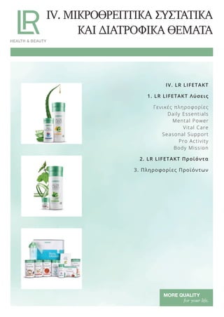 IV. ΜΙΚΡΟΘΡΕΠΤΙΚΑ ΣΥΣΤΑΤΙΚΑ
ΚΑΙ ∆ΙΑΤΡΟΦΙΚΑ ΘΕΜΑΤΑ
IV. LR LIFETAKT
1. LR LIFETAKT Λύσεις
Γενικές πληροφορίες
Daily Essentials
Mental Power
Vital Care
Seasonal Support
Pro Activity
Body Mission
2. LR LIFETAKT Προϊόντα
3. Πληροφορίες Προϊόντων
Product Manual 2018 GR.indb 180 20-Dec-17 11:14:36 AM
 