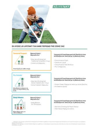 ΟΙ ΛΥΣΕΙΣ LR LIFETAKT ΓΙΑ ΚΑΘΕ ΠΕΡΙΟΔΟ ΤΗΣ ΖΩΗΣ ΣΑΣ
SeasonalSupport
ProActivity1
ProActivity1
ProActivity
BodyMission
1
Η βιταμίνη C που περιέχει το Aloe Vera Drinking Gel Active Freedom συμβάλλει στο φυσιολογικό σχηματισμό κολλαγόνου για τη σωστή λειτουργία των αιμοφόρων
αγγείων και των οστών.
Η βιταμίνη D που περιέχουν οι Active Freedom Κάψουλες συμβάλλουν στη διατήρηση της φυσιολογικής κατάστασης των οστών και στη διατήρηση της φυσιολογικής
λειτουργίας των μυών.
Ξεχωριστά Συμπληρωματικά Προϊόντα που
συνδυάζονται ιδανικά με τη Βασική Λύση:
• Cistus Incanus Σπρέι
• Colostrum Liquid
• Cistus Incanus Τσάι Βοτάνων
• Pro 12 Κάψουλες
Βασική Λύση /
Μηνιαίο Σετ
• Aloe Vera Drinking Gel
Traditional Honey (Σετ 3 τεμ.)
• Colostrum Κάψουλες
Βασική Λύση /
Μηνιαίο Σετ
• Aloe Vera Drinking Gel
Active Freedom (Σετ 3 τεμ.)
• Active Freedom Κάψουλες
Βασική Λύση /
Μηνιαίο Σετ
• Body Mission
Σετ 28 Ημερών
Υποστήριξη σε κάθε εποχή
Ελευθερία κινήσεων σε
όλες τις περιστάσεις της
ζωής
Βήμα-βήμα προς το
ιδανικό βάρος
Ξεχωριστά Συμπληρωματικά Προϊόντα που
συνδυάζονται ιδανικά με τη Βασική Λύση:
• Protein Power Ρόφημα σε σκόνη με γεύση βανίλια
• Pro Balance Δισκία
Ξεχωριστά Συμπληρωματικά Προϊόντα που
συνδυάζονται ιδανικά με τη Βασική Λύση:
• Aloe Vera Drinking Gel Peach Flavour
• Fiber Boost Ρόφημα σε σκόνη
Product Manual 2018 GR.indb 186 20-Dec-17 11:16:11 AM
 
