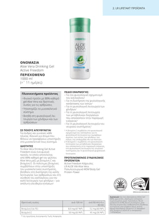 WWW.SGS-QUALITAETSSIEGEL.DE
2. LR LI ETA T ΠΡΟΪΟΝΤΑ
ΣΕ ΠΟΙΟΥΣ ΑΠΕΥΘΥΝΕΤΑΙ
Για άνδρες και γυναίκες κάθε
ηλικίας. Ιδανικό για άτομα που
θέλουν να προσφέρουν υποστήριξη
στο μυοσκελετικό τους σύστημα.
ΙΔΙΟΤΗΤΕΣ
Το Aloe Vera Drinking Gel Active
Freedom είναι ένα φυσικό
προϊόν, το οποίο αποτελείται
από 88% καθαρό gel του φύλλου
Aloe Vera μαζί με βιταμίνη C και
βιταμίνη E. Οι πολύτιμες βιταμίνες
συμβάλλουν στην υποστήριξη
του μυοσκελετικού συστήματος,
βοηθούν στη διατήρηση της καλής
λειτουργίας των αρθρώσεων και στη
σύνθεση του κολλαγόνου για την
καλή λειτουργία των χόνδρων – για
απόλυτη ελευθερία κινήσεων!
ΠΕΔΙΟ ΕΦΑΡΜΟΓΗΣ:
– Για τον φυσιολογικό σχηματισμό
του κολλαγόνου1
– Για τη διατήρηση της φυσιολογικής
κατάστασης των οστών1
– Για τη φυσιολογική λειτουργία των
χόνδρων1
– Για τη φυσιολογική λειτουργία
των μεταβολικών διεργασιών
που αποσκοπούν στην παραγωγή
ενέργειας2
– Για τη φυσιολογική λειτουργία του
νευρικού συστήματος2
1 Η βιταμίνη C συμβάλλει στο φυσιολογικό
σχηματισμό του κολλαγόνου για τη
φυσιολογική λειτουργία των αιμοφόρων
αγγείων, των οστών, των χόνδρων, των
ούλων, της επιδερμίδας και των δοντιών.
2 Η βιταμίνη C συμβάλλει στη φυσιολογική
λειτουργία των μεταβολικών διεργασιών
που αποσκοπούν στην παραγωγή ενέργειας,
στη φυσιολογική λειτουργία του νευρικού
συστήματος και τη φυσιολογική ψυχολογική
λειτουργία.
ΠΡΟΤΕΙΝΟΜΕΝΟΣ ΣΥΝΔΥΑΣΜΟΣ
ΠΡΟΪΟΝΤΩΝ
Active Freedom Κάψουλες
LR ALOE VIA Aloe Vera
Πολυλειτουργικό MSM Body Gel
Protein Power
ΟΝΟΜΑΣΙΑ
Aloe Vera Drinking Gel
Active Freedom
ΠΕΡΙΕΧΟΜΕΝΟ
1000 ml
(=ˆ 11 ημέρες)
Πλεονεκτήματα προϊόντος
• Φυσικό προϊόν με 88% καθαρό
gel Aloe Vera και θρεπτικές
ουσίες για τις αρθρώσεις
• Υποστηρίζει το μυοσκελετικό
σύστημα
• Βοηθά στη φυσιολογική λει-
τουργία των χόνδρων και των
αρθρώσεων
Θρεπτικές ουσίες ανά 100 ml ανά 90 ml (=3 x
30 ml)
Βιταμίνη E (α-TE) 8,0 mg (67 %*) 7,2 mg (60 %*)
Βιταμίνη C 50 mg (63 %*) 45 mg (56 %*)
Συστατικά Aloe Vera (Barbadensis Miller) Gel1
(88%), φρουκτόζη, υδρολυμένο κολλαγόνο,
συμπυκνωμένος χυμός πορτοκαλιού, θειική
χονδροϊτίνη (0,5%), θειική γλυκοζαμίνη, μέσο
οξίνισης (κιτρικό οξύ), σταθεροποιητής (ξανθάνη),
συντηρητικό μέσο (σορβικό κάλιο), φυσικό
άρωμα πορτοκαλιού, βιταμίνη C (L-ασκορβικό
οξύ), βιταμίνη E (οξική DL-α-τοκοφερόλη)
1 ΗΠΑ/Μεξικό
* της ημερήσιας Διατροφικής Τιμής Αναφοράς
Product Manual 2018 GR.indb 200 20-Dec-17 11:17:45 AM
 