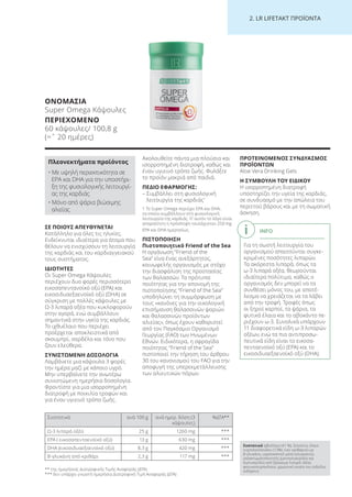 2. LR LI ETA T ΠΡΟΪΟΝΤΑ
ΣΕ ΠΟΙΟΥΣ ΑΠΕΥΘΥΝΕΤΑΙ
Κατάλληλο για όλες τις ηλικίες.
Ενδείκνυται ιδιαίτερα για άτομα που
θέλουν να ενισχύσουν τη λειτουργία
της καρδιάς και του καρδιαγγειακού
τους συστήματος.
ΙΔΙΟΤΗΤΕΣ
Οι Super Omega Κάψουλες
περιέχουν δυο φορές περισσότερο
εικοσαπεντανοϊκό οξύ (EPA) και
εικοσιδυαεξαενοϊκό οξύ (DHA) σε
σύγκριση με πολλές κάψουλες με
Ω-3 λιπαρά οξέα που κυκλοφορούν
στην αγορά, ενώ συμβάλλουν
σημαντικά στην υγεία της καρδιάς.
Το ιχθυέλαιο που περιέχει
προέρχεται αποκλειστικά από
σκουμπρί, σαρδέλα και τόνο που
ζουν ελεύθερα.
ΣΥΝΙΣΤΩΜΕΝΗ ΔΟΣΟΛΟΓΙΑ
Λαμβάνετε μια κάψουλα 3 φορές
την ημέρα μαζί με κάποιο υγρό.
Μην υπερβαίνετε την ανωτέρω
συνιστώμενη ημερήσια δοσολογία.
Φροντίστε για μια ισορροπημένη
διατροφή με ποικιλία τροφών και
για έναν υγιεινό τρόπο ζωής.
Ακολουθείτε πάντα μια πλούσια και
ισορροπημένη διατροφή, καθώς και
έναν υγιεινό τρόπο ζωής. Φυλάξτε
το προϊόν μακριά από παιδιά.
ΠΕΔΙΟ ΕΦΑΡΜΟΓΗΣ:
– Συμβάλλει στη φυσιολογική
λειτουργία της καρδιάς1
1 Το Super Omega περιέχει EPA και DHA,
τα οποία συμβάλλουν στη φυσιολογική
λειτουργία της καρδιάς. Γι’ αυτόν το λόγο είναι
απαραίτητη η πρόσληψη τουλάχιστον 250 mg
EPA και DHA ημερησίως.
ΠΙΣΤΟΠΟΙΗΣΗ
Πιστοποιητικό Friend of the Sea
Η οργάνωση “Friend of the
Sea” είνα ένας ανεξάρτητος,
κοινωφελής οργανισμός με στόχο
την διασφάλιση της προστασίας
των θαλασσών. Τα πρότυπα
ποιότητας για την απονομή της
πιστοποίησης “Friend of the Sea”
υποδηλώνει τη συμμόρφωση με
τους «κανόνες για την οικολογική
επισήμανση θαλασσινών ψαριών
και θαλασσινών προϊόντων
αλιείας», όπως έχουν καθοριστεί
από τον Παγκόσμιο Οργανισμό
Γεωργίας (FAO) των Ηνωμένων
Εθνών. Ειδικότερα, η σφραγίδα
ποιότητας “Friend of the Sea”
πιστοποιεί την τήρηση του άρθρου
30 του κανονισμού του FAO για την
αποφυγή της υπερεκμετάλλευσης
των αλιευτικών πόρων.
ΠΡΟΤΕΙΝΟΜΕΝΟΣ ΣΥΝΔΥΑΣΜΟΣ
ΠΡΟΪΟΝΤΩΝ
Aloe Vera Drinking Gels
Η ΣΥΜΒΟΥΛΗ ΤΟΥ ΕΙΔΙΚΟΥ
Η ισορροπημένη διατροφή
υποστηρίζει την υγεία της καρδιάς,
σε συνδυασμό με την απώλεια του
περιττού βάρους και με τη σωματική
άσκηση.
** της ημερήσιας Διατροφικής Τιμής Αναφοράς (ΔΤΑ)
*** δεν υπάρχει γνωστή ημερήσια Διατροφική Τιμή Αναφοράς (ΔΤΑ)
Συστατικά ανά 100 g ανά ημερ. δόση (3
κάψουλες)
%ΔΤΑ**
Ω-3 λιπαρά οξέα 25 g 1260 mg ***
EPA ( εικοσαπενταενοϊκό οξύ) 13 g 630 mg ***
DHA (εικοσιδυαεξαενοϊκό οξύ) 8,3 g 420 mg ***
Β-γλυκάνη από κριθάρι 2,3 g 117 mg ***
INFO
Για τη σωστή λειτουργία του
οργανισμού απαιτούνται συγκε-
κριμένες ποσότητες λιπαρών.
Τα ακόρεστα λιπαρά, όπως τα
ω-3 λιπαρά οξέα, θεωρούνται
ιδιαίτερα πολύτιμα, καθώς ο
οργανισμός δεν μπορεί να τα
συνθέσει μόνος του, με αποτέ-
λεσμα να χρειάζεται να τα λάβει
από την τροφή. Τροφές όπως
οι ξηροί καρποί, τα ψάρια, τα
φυτικά έλαια και το αβοκάντο πε-
ριέχουν ω-3. Συνολικά υπάρχουν
11 διαφορετικά είδη ω-3 λιπαρών
οξέων, ενώ τα πιο αντιπροσω-
πευτικά είδη είναι το εικοσα-
πενταενοϊκό οξύ (EPA) και το
εικοσιδυαεξαενοϊκό οξύ (DHA).
ΟΝΟΜΑΣΙΑ
Super Omega Κάψουλες
ΠΕΡΙΕΧΟΜΕΝΟ
60 κάψουλες/ 100,8 g
(=ˆ 20 ημέρες)
Συστατικά Ιχθυέλαιο (41 %), ζελατίνη, έλαιο
νυχτολούλουδου (13%), ίνες κριθαριού με
β-γλυκάνη, υγροσκοπικό μέσο (γλυκερίνη),
γαλακτωματοποιητής (μονογλυκερίδια και
διγλυκερίδια από βρώσιμα λιπαρά οξέα),
φοινικοπυρηνέλαιο, χρωστική ουσία του (οξείδιο
σιδήρου).
Πλεονεκτήματα προϊόντος
• Με υψηλή περιεκτικότητα σε
EPA και DHA για την υποστήρι-
ξη της φυσιολογικής λειτουργί-
ας της καρδιάς
• Μόνο από ψάρια βιώσιμης
αλιείας
Product Manual 2018 GR.indb 210 20-Dec-17 11:18:07 AM
 