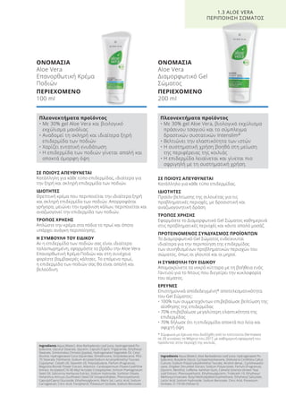 ΣΕ ΠΟΙΟΥΣ ΑΠΕΥΘΥΝΕΤΑΙ
Κατάλληλη για κάθε τύπο επιδερμίδας, ιδιαίτερα για
την ξηρή και σκληρή επιδερμίδα των ποδιών.
ΙΔΙΟΤΗΤΕΣ
Θρεπτική κρέμα που περιποιείται την ιδιαίτερα ξηρή
και σκληρή επιδερμίδα των ποδιών. Απορροφάται
γρήγορα, μειώνει την εμφάνιση κάλων, περιποιείται και
αναζωογονεί την επιδερμίδα των ποδιών.
ΤΡΟΠΟΣ ΧΡΗΣΗΣ
Απλώστε την κρέμα στα πόδια το πρωί και όποτε
υπάρχει ανάγκη περιποίησης.
Η ΣΥΜΒΟΥΛΗ ΤΟΥ ΕΙΔΙΚΟΥ
Αν η επιδερμίδα των ποδιών σας είναι ιδιαίτερα
ταλαιπωρημένη, εφαρμόστε το βράδυ την Aloe Vera
Επανορθωτική Κρέμα Ποδιών και στη συνέχεια
φορέστε βαμβακερές κάλτσες. Το επόμενο πρωί,
η επιδερμίδα των ποδιών σας θα είναι απαλή και
βελούδινη.
ΣΕ ΠΟΙΟΥΣ ΑΠΕΥΘΥΝΕΤΑΙ
Κατάλληλο για κάθε τύπο επιδερμίδας.
ΙΔΙΟΤΗΤΕΣ
Προϊόν βελτίωσης της σιλουέτας για τις
προβληματικές περιοχές, με δροσιστική και
αναζωογονητική δράση.
ΤΡΟΠΟΣ ΧΡΗΣΗΣ
Εφαρμόστε το Διαμορφωτικό Gel Σώματος καθημερινά
στις προβληματικές περιοχές και κάντε απαλό μασάζ.
ΠΡΟΤΕΙΝΟΜΕΝΟΣ ΣΥΝΔΥΑΣΜΟΣ ΠΡΟΪΟΝΤΩΝ
Το Διαμορφωτικό Gel Σώματος ενδείκνυται
ιδιαίτερα για την περιποίηση της επιδερμίδας
των συνηθισμένων προβληματικών περιοχών του
σώματος, όπως οι γλουτοί και οι μηροί.
Η ΣΥΜΒΟΥΛΗ ΤΟΥ ΕΙΔΙΚΟΥ
Απομακρύνετε τα νεκρά κύτταρα με τη βοήθεια ενός
Γαντιού για το Ντους που διεγείρει την κυκλοφορία
του αίματος.
ΕΡΕΥΝΕΣ
Επιστημονικά αποδεδειγμένη* αποτελεσματικότητα
του Gel Σώματος:
• 100% των συμμετεχόντων επιβεβαίωσε βελτίωση της
αίσθησης της επιδερμίδας
• 70% επιβεβαίωσε μεγαλύτερη ελαστικότητα της
επιδερμίδας
• 70% δήλωσε ότι η επιδερμίδα αποκτά πιο λεία και
σφιχτή όψη
* Σύμφωνα με έρευνα που διεξήχθη από το Ινστιτούτο Dermatest
σε 20 γυναίκες το Μάρτιο του 2017, με καθημερινή εφαρμογή του
προϊόντος στην περιοχή της κοιλιάς.
ΟΝΟΜΑΣΙΑ
Aloe Vera
Επανορθωτική Κρέμα
Ποδιών
ΠΕΡΙΕΧΟΜΕΝΟ
100 ml
1.3 ALOE VERA
ΠΕΡΙΠΟΙΗΣΗ ΣΩΜΑΤΟΣ
ΟΝΟΜΑΣΙΑ
Aloe Vera
Διαμορφωτικό Gel
Σώματος
ΠΕΡΙΕΧΟΜΕΝΟ
200 ml
Πλεονεκτήματα προϊόντος
• Με 30% gel Aloe Vera και βιολογικό
εκχύλισμα μανόλιας
• Αναδομεί τη σκληρή και ιδιαίτερα ξηρή
επιδερμίδα των ποδιών
• Χαρίζει εντατική ενυδάτωση
• Η επιδερμίδα των ποδιών γίνεται απαλή και
αποκτά όμορφη όψη
Πλεονεκτήματα προϊόντος
• Με 30% gel Aloe Vera, βιολογικό εκχύλισμα
πράσινου τσαγιού και το σύμπλεγμα
δραστικών συστατικών Intenslim®
• Βελτιώνει την ελαστικότητα των ιστών
• Η συστηματική χρήση βοηθά στη μείωση
της περιφέρειας της κοιλιάς
• Η επιδερμίδα λειαίνεται και γίνεται πιο
σφριγηλή με τη συστηματική χρήση.
Ingredients Aqua (Water), Aloe Barbadensis Leaf Juice, Hydrogenated Po-
lydecene, Glyceryl Stearate, Glycerin, Caprylic/Capric Triglyceride, Ethylhexyl
Stearate, Simmondsia Chinesis (Jojoba), Hydrogenated Vegetable Oil, Cetyl
Alcohol, Hydrogenated Coco-Glycerides, Dimethicone, Octyldodecanol, PEG-
75 Stearate, Panthenol, Sodium Acrylate/Sodium Acryloyldimethyl Taurate
Copolymer, Ceteth-20, Steareth-20, Polyisobutene, Parfum (Fragrance),
Magnolia Biondii Flower Extract, Allantoin, Cardiospermum Flower/Leaf/Vine
Extract, Acrylates/C10-30 Alkyl Acrylate Crosspolymer, Echium Plantagineum
Seed Oil, Salicornia Herbacea Extract, Sodium Hydroxide, Sorbitan Oleate,
Helianthus Annuus (Sunflower) Seed Oil Unsaponifiables, Phenoxyethanol,
Caprylyl/Capryl Glucoside, Ethylhexylglycerin, Maris Sal, Lactic Acid, Sodium
Carrageenan, Citric Acid, Tocopherol, Potassium Sorbate, Sodium Benzoate
Ingredients Aqua (Water), Aloe Barbadensis Leaf Juice, Hydrogenated Po-
lydecene, Butylene Glycol, Cyclopentasiloexane, Globularia Cordifolia Callus
Culture, Sodium Polyacryloyldimethyl Taurate, Alcohol denat., Cyclohexasilo-
xane, Zingiber Zerumbet Extract, Sodium Polyacrylate, Parfum (Fragrance),
Glycerin, Menthol, Caffeine, Xanthan Gum, Camelia Sinensis (Green Tea)
Leaf Extract, Phenoxyethanol, Ethylhexylglycerin, Trideceth-10, Ethylhexyl
Methoxycinnamate, Butyl Methodydibenzoylmethane, Ethylhexyl Salicylate,
Lactic Acid, Sodium Hydroxide, Sodium Benzoate, Citric Acid, Potassium
Sorbate, CI 19140 (Yellow 5)
Product Manual 2018 GR.indb 26 20-Dec-17 11:04:56 AM
 