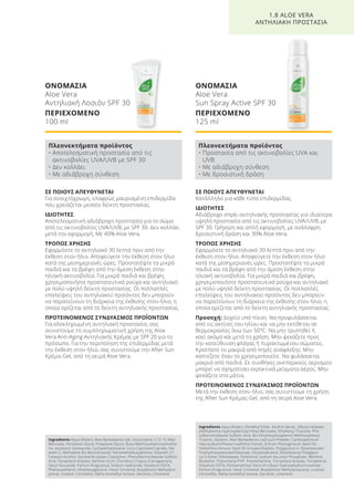 ΣΕ ΠΟΙΟΥΣ ΑΠΕΥΘΥΝΕΤΑΙ
Για ανοιχτόχρωμη, ελαφρώς μαυρισμένη επιδερμίδα
που χρειάζεται μεσαίο δείκτη προστασίας.
ΙΔΙΟΤΗΤΕΣ
Αποτελεσματική αδιάβροχη προστασία για το σώμα
από τις ακτινοβολίες UVA/UVB, με SPF 30. Δεν κολλάει
μετά την εφαρμογή. Με 40% Aloe Vera.
ΤΡΟΠΟΣ ΧΡΗΣΗΣ
Εφαρμόστε το αντηλιακό 30 λεπτά πριν από την
έκθεση στον ήλιο. Αποφεύγετε την έκθεση στον ήλιο
κατά της μεσημεριανές ώρες. Προστατέψτε τα μικρά
παιδιά και τα βρέφη από την άμεση έκθεση στην
ηλιακή ακτινοβολία. Για μικρά παιδιά και βρέφη,
χρησιμοποιήστε προστατευτικά ρούχα και αντηλιακό
με πολύ υψηλό δείκτη προστασίας. Οι πολλαπλές
επαλείψεις του αντηλιακού προϊόντος δεν μπορούν
να παρατείνουν τη διάρκεια της έκθεσης στον ήλιο, η
οποία ορίζεται από το δείκτη αντηλιακής προστασίας.
ΠΡΟΤΕΙΝΟΜΕΝΟΣ ΣΥΝΔΥΑΣΜΟΣ ΠΡΟΪΟΝΤΩΝ
Για ολοκληρωμένη αντηλιακή προστασία, σας
συνιστούμε τη συμπληρωματική χρήση της Aloe
Vera Anti-Aging Αντηλιακής Κρέμας με SPF 20 για το
πρόσωπο. Για την περιποίηση της επιδερμίδας μετά
την έκθεση στον ήλιο, σας συνιστούμε την After Sun
Κρέμα-Gel, από τη σειρά Aloe Vera.
ΟΝΟΜΑΣΙΑ
Aloe Vera
Αντηλιακή Λοσιόν SPF 30
ΠΕΡΙΕΧΟΜΕΝΟ
100 ml
ΣΕ ΠΟΙΟΥΣ ΑΠΕΥΘΥΝΕΤΑΙ
Κατάλληλο για κάθε τύπο επιδερμίδας.
ΙΔΙΟΤΗΤΕΣ
Αδιάβροχο σπρέι αντηλιακής προστασίας για ιδιαίτερα
υψηλή προστασία από τις ακτινοβολίες UVA/UVB, με
SPF 30. Γρήγορη και απλή εφαρμογή, με ανάλαφρη
δροσιστική δράση και 30% Aloe Vera.
ΤΡΟΠΟΣ ΧΡΗΣΗΣ
Εφαρμόστε το αντηλιακό 30 λεπτά πριν από την
έκθεση στον ήλιο. Αποφεύγετε την έκθεση στον ήλιο
κατά της μεσημεριανές ώρες. Προστατέψτε τα μικρά
παιδιά και τα βρέφη από την άμεση έκθεση στην
ηλιακή ακτινοβολία. Για μικρά παιδιά και βρέφη,
χρησιμοποιήστε προστατευτικά ρούχα και αντηλιακό
με πολύ υψηλό δείκτη προστασίας. Οι πολλαπλές
επαλείψεις του αντηλιακού προϊόντος δεν μπορούν
να παρατείνουν τη διάρκεια της έκθεσης στον ήλιο, η
οποία ορίζεται από το δείκτη αντηλιακής προστασίας.
Προσοχή: Δοχείο υπό πίεση. Να προφυλάσσεται
από τις ακτίνες του ηλίου και να μην εκτίθεται σε
θερμοκρασίες άνω των 50°C. Να μην τρυπηθεί ή
καεί ακόμα και μετά τη χρήση. Μην ψεκάζετε προς
την κατεύθυνση φλόγας ή πυρακτωμένου σώματος.
Κρατήστε το μακριά από πηγές ανάφλεξης. Μην
καπνίζετε όταν το χρησιμοποιείτε. Να φυλάσσεται
μακριά από παιδιά. Σε συνθήκες ανεπαρκούς αερισμού
μπορεί να σχηματίσει εκρηκτικά μείγματα αέρος. Μην
ψεκάζετε στα μάτια.
ΠΡΟΤΕΙΝΟΜΕΝΟΣ ΣΥΝΔΥΑΣΜΟΣ ΠΡΟΪΟΝΤΩΝ
Μετά την έκθεση στον ήλιο, σας συνιστούμε τη χρήση
της After Sun Κρέμας-Gel, από τη σειρά Aloe Vera.
ΟΝΟΜΑΣΙΑ
Aloe Vera
Sun Spray Active SPF 30
ΠΕΡΙΕΧΟΜΕΝΟ
125 ml
1.8 ALOE VERA
ΑΝΤΗΛΙΑΚΗ ΠΡΟΣΤΑΣΙΑ
Πλεονεκτήματα προϊόντος
• Αποτελεσματική προστασία από τις
ακτινοβολίες UVA/UVB με SPF 30
• Δεν κολλάει
• Με αδιάβροχη σύνθεση
Πλεονεκτήματα προϊόντος
• Προστασία από τις ακτινοβολίες UVA και
UVB
• Με αδιάβροχη σύνθεση
• Με δροσιστική δράση
Ingredients Aqua (Water), Aloe Barbadensis Gel, Octocrylene, C12-15 Alkyl
Benzoate, Pentylene Glycol, Propylene Glycol, Butyl Methoxydibenzoylmetha-
ne, Isostearyl Isostearate, Cyclopentasiloxane, Coco-Caprylate/Caprate, Ste-
areth-2, Methylene Bis-Benzotriazolyl Tetramethylbutylphenol, Steareth-21,
Cetearyl Alcohol, Styrene/Acrylates Copolymer, Phenylbenzimidazole Sulfonic
Acid, Tocopheryl Acetate, Xanthan Gum, Chondrus Crispus (Carrageenan),
Decyl Glucoside, Parfum (Fragrance), Sodium Hydroxide, Disodium EDTA,
Phenoxyethanol, Ethylhexylglycerin, Hexyl Cinnamal, Butylphenyl Methylpro-
pional, Linalool, Citronellol, Alpha-Isomethyl Ionone, Geraniol, Limonene
Ingredients Aqua (Water), Dimethyl Ether, Alcohol denat., Dibutyl Adipate,
Diethylamino Hydroxybenzoyl Hexyl Benzoate, Ethylhexyl Triazone, Phe-
nylbenzimidazole Sulfonic Acid, Bis-Ethylhexyloxyphenol Methoxyphenyl
Triazine, Glycerin, Aloe Barbadensis Leaf Juice Powder, Cardiospermum
Halicacabum/Flower/Leaf/Vine Extract, Echium Plantagineum Seed Oil,
Helianthus Annuus Seed Oil Unsaponifiables, Polyglyceryl-4, Diisostearate/
Polyhydroxystearate/Sebacate, Octyldodecanol, Diisostearoyl Polyglyce-
ryl-3 Dimer Dilinolaeate, Panthenol, Sodium Ascorbyl Phosphate, Menthol,
Bisabolol, Triacontanyl PVP, Tromethamine, Tocopheryl Acetate, Tocopherol,
Disodium EDTA, Pentaerythrityl Tetra-DI-t-Butyl Hydroxyhydrocinnamate,
Parfum (Fragrance), Hexyl Cinnamal, Butylphenyl Methylpropional, Linalool,
Citronellol, Alpha-Isomethyl Ionone, Geraniol, Limonene
Product Manual 2018 GR.indb 45 20-Dec-17 11:07:06 AM
 