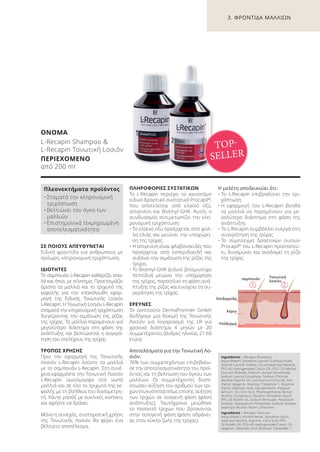 1. 2.
Επιδερμίδα
Χόριο
Υπόδερμα
σαμπουάν
Τονωτική
λοσιόν
ΣΕ ΠΟΙΟΥΣ ΑΠΕΥΘΥΝΕΤΑΙ
Ειδική φροντίδα για ανθρώπους με
πρόωρη, κληρονομική τριχόπτωση.
ΙΔΙΟΤΗΤΕΣ
Το σαμπουάν L-Recapin καθαρίζει απα-
λά και ήπια, με σύστημα. Προετοιμάζει
άριστα τα μαλλιά και το τριχωτό της
κεφαλής για την επακόλουθη εφαρ-
μογή της Eιδικής Tονωτικής Lοσιόν
L-Recapin. Η Tονωτική Lοσιόν L-Recapin
σταματά την κληρονομική τριχόπτωση
διεγείροντας την αιμάτωση της ρίζας
της τρίχας. Τα μαλλιά παραμένουν για
μεγαλύτερο διάστημα στη φάση της
ανάπτυξης και βελτιώνεται η συγκρά-
τηση του στελέχους της τρίχας.
ΤΡΟΠΟΣ ΧΡΗΣΗΣ
Πριν την εφαρμογή της Tονωτικής
Λοσιόν L-Recapin λούστε τα μαλλιά
με το σαμπουάν L-Recapin. Στη συνέ-
χεια εφαρμόστε την Τονωτική Λοσιόν
L-Recapin ομοιόμορφα στα νωπά
μαλλιά και σε όλο το τριχωτό της κε-
φαλής με τη βοήθεια του δοσομετρη-
τή. Κάντε μασάζ με κυκλικές κινήσεις
και αφήστε να δράσει.
Μόνο η συνεχής, συστηματική χρήση
της Τονωτικής Λοσιόν θα φέρει ένα
βέλτιστο αποτέλεσμα.
ΠΛΗΡΟΦΟΡΙΕΣ ΣΥΣΤΑΤΙΚΩΝ
Το L-Recapin περιέχει το καινοτόμο
ειδικό δραστικό συστατικό Procapil®
,
που αποτελείται από ελαϊκό οξύ,
απιγενίνη και Biotinyl-GHK. Αυτός ο
συνδυασμός αντιμετωπίζει την κλη-
ρονομική τριχόπτωση:
• Το ελαϊκό οξύ προέρχεται από φύλ-
λα ελιάς και μειώνει την υποχώρη-
ση της τρίχας.
• Η απιγενίνη είναι φλαβονοειδές που
προέρχεται από εσπεριδοειδή και
αυξάνει την αιμάτωση της ρίζας της
τρίχας.
• Το Biotinyl-GHK (ειδικό βιταμινούχο
πεπτίδιο) μειώνει την υποχώρηση
της τρίχας, παρατείνει τη φάση ανά-
πτυξης της ρίζας και ενισχύει τη συ-
γκράτηση της τρίχας.
ΕΡΕΥΝΕΣ
Το ινστιτούτο DermaTronnier GmbH
διεξήγαγε μια δοκιμή της Τονωτικής
Λοσιόν για λογαριασμό της LR για
χρονικό διάστημα 4 μηνών με 20
συμμετέχοντες (άνδρες ηλικίας 21-60
ετών).
Αποτελέσματα για την Τονωτική Λο-
σιόν:
76% των συμμετεχόντων επιβεβαίω-
σε την αποτελεσματικότητα του προϊ-
όντος και τη βελτίωση του όγκου των
μαλλιών. Οι συμμετέχοντες διαπί-
στωσαν αύξηση του αριθμού των τρι-
χών (πυκνότητα) όπως επίσης αύξηση
των τριχών σε αναγενή φάση (φάση
ανάπτυξης). Ταυτόχρονα μειώθηκε
το ποσοστό τριχών που βρίσκονται
στην τελογενή φάση (φάση αδράνει-
ας στον κύκλο ζωής της τρίχας).
Η μελέτη αποδεικνύει ότι:
• Το L-Recapin επιβραδύνει την τρι-
χόπτωση
• Η εφαρμογή του L-Recapin βοηθά
τα μαλλιά να παραμένουν για με-
γαλύτερο διάστημα στη φάση της
ανάπτυξης
• Το L-Recapin συμβάλλει ενεργά στη
συγκράτηση της τρίχας
• Το σύμπλεγμα δραστικών ουσιών
Procapil®
του L-Recapin προστατεύ-
ει, δυναμώνει και αναδομεί τη ρίζα
της τρίχας
3. ΦΡΟΝΤΙΔΑ ΜΑΛΛΙΩΝ
ΟΝΟΜΑ
L-Recapin Shampoo &
L-Recapin Tονωτική Lοσιόν
ΠΕΡΙΕΧΟΜΕΝΟ
από 200 ml
Ingredients L-Recapin Shampoo:
Aqua (Water), Disodium Laureth Sulfosuccinate,
Sodium Laureth Sulfate, Cocamidopropyl Betaine,
PEG-40 Hydrogenated Castor Oil, PEG-120 Methyl
Glucose Dioleate, Sodium Lauroyl Sarcosinate,
Sodium Lauroyl Glutamate, Sodium Chloride,
Mentha Piperita Oil, Cetrimonium Chloride, Pan-
thenol, Apigenin, Biotinoyl Tripeptide-1, Butylene
Glycol, Oleanolic Acid, Glycoproteine, Polyqua-
ternium-10, Citric Acid, Phenoxyethanol, Benzyl
Alcohol, Tocopherol, Glycerin, Pentylene Glycol,
PPG-26-Buteth-26, Sodium Benzoate, Potassium
Sorbate, Dipotassium Phosphate, Sodium Acetate,
Isopropyl Alcohol, Biotin, Limonene
Ingredients L-Recapin Tonicum:
Aqua (Water), Alcohol denat., Butylene Glycol,
Isopropyl Alcohol, Arginine, Citric Acid, PPG-
26-Buteth-26, PEG-40 Hydrogenated Castor Oil,
Apigenin, Oleanolic Acid, Biotinoyl Tripeptide-1
Πλεονεκτήματα προϊόντος
• Σταματά την κληρονομική
τριχόπτωση
• Βελτιώνει τον όγκο των
μαλλιών
• Επιστημονικά τεκμηριωμένη
αποτελεσματικότητα
TOP-
SELLER
Product Manual 2018 GR.indb 83 20-Dec-17 11:09:49 AM
 
