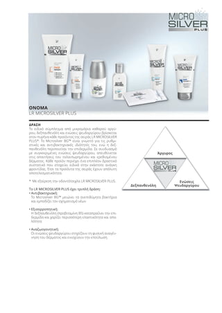 Άργυρος
Δεξπανθενόλη
Ενώσεις
Ψευδαργύρου
ΔΡΑΣΗ
Το ειδικό σύμπλεγμα από μικρομόρια καθαρού αργύ-
ρου, δεξπανθενόλη και ενώσεις ψευδαργύρου βρίσκεται
στον πυρήνα κάθε προϊόντος της σειράς LR MICROSILVER
PLUS*: Το Microsilver BG™ είναι γνωστό για τις ρυθμι-
στικές και αντιβακτηριακές ιδιότητές του, ενώ η δεξ-
πανθενόλη περιποιείται την επιδερμίδα. Σε συνδυασμό
με συγκεκριμένες ενώσεις ψευδαργύρου, απευθύνεται
στις απαιτήσεις του ταλαιπωρημένου και ερεθισμένου
δέρματος. Κάθε προϊόν περιέχει ένα επιπλέον δραστικό
συστατικό που στοχεύει ειδικά στην εκάστοτε ανάγκη
φροντίδας. Έτσι τα προϊόντα της σειράς έχουν απόλυτη
αποτελεσματικότητα.
* Με εξαίρεση την οδοντότσιχλα LR MICROSILVER PLUS.
Το LR MICROSILVER PLUS έχει τριπλή δράση:
• Αντιβακτηριακή:
Το Microsilver BG™ μειώνει τα ανεπιθύμητα βακτήρια
και εμποδίζει τον σχηματισμό νέων
• Εξισορροπητική:
Η δεξπανθενόλη (προβιταμίνη B5) καταπραΰνει την επι-
δερμίδα και χαρίζει περισσότερη ελαστικότητα και απα-
λότητα
• Αναζωογονητική:
Οι ενώσεις ψευδαργύρου στηρίζουν τη φυσική αναγέν-
νηση του δέρματος και ενισχύουν την επούλωση.
ΟΝΟΜΑ
LR MICROSILVER PLUS
Product Manual 2018 GR.indb 85 20-Dec-17 11:10:06 AM
 