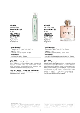 111
ΠΕΡΙΓΡΑΦΉ
Ο κόσμος σου, η πασαρέλα σου
Με την εμφάνισή σου και αυτό το άρωμα μπορείς να κατακτήσεις
τον κόσμο. Δεν πρέπει ποτέ να λείπει από την τσάντα σου. Ένα
μείγμα φρουτώδους - φρέσκου μανταρινιού, ρομαντικού τρια-
ντάφυλλου, σαγηνευτικού γιασεμιού και μόσχου.
ΠΡΟΪΌΝΤΑ ΤΗΣ ΊΔΙΑΣ ΑΡΩΜΑΤΙΚΉΣ ΟΙΚΟΓΈΝΕΙΑΣ
LR Classics SANTORINI, Heart  Soul, Pseudonym, Guido
Maria Kretschmer for Women
ΌΝΟΜΑ	
Beautyqueen
ΠΕΡΙΕΧΌΜΕΝΟ	
50 ml
ΑΡΩΜΑΤΙΚΉ
ΟΙΚΟΓΈΝΕΙΑ	
Λουλουδάτο -
Φρουτώδες -
Αισθησιακό
Ingredients (Eau de Parfum)
Alcohol denat., Parfum (Fragrance), Aqua (Water), Linalool, Limonene, Benzyl Salicyla-
te, Alpha-Isomethyl Ionone, Hexyl Cinnamal, Citronellol, Ethylhexyl Methoxycinnamate,
Butyl Methoxydibenzoylmethane, Ethylhexyl Salicylate, Geraniol, Benzyl Alcohol, CI
60730 (Ext. Violet 2), CI 61570 (Green 5), CI 19140 (Yellow 5)
Νότες κορυφής
Περγαμόντο, Μανταρίνι, οζονικές νότες
Μεσαίες νότες
Τριαντάφυλλο, Δαμάσκηνο, Βιολέτα
Νότες βάσης
Ξύλο κέδρου, Ίριδα, Μόσχος
ΠΕΡΙΓΡΑΦΉ
Χάρη και αισθησιασμός
Μια ερμηνεία της μοντέρνας θηλυκότητας - κομψή χάρη, απαλή
ελαφρότητα και μυστηριώδης αισθησιασμός. Το Sensual Grace εί-
ναι ένα συναρπαστικό άρωμα με ευωδιές από τριαντάφυλλο, βανί-
λια και μια εκλεπτυσμένη, γλυκιά gourmet νότα. Ένα άρωμα σαγη-
νευτικό, ονειρικό που τονίζει κομψά την αισθησιακή θηλυκή αύρα.
ΠΡΟΪΌΝΤΑ ΤΗΣ ΊΔΙΑΣ ΑΡΩΜΑΤΙΚΉΣ ΟΙΚΟΓΈΝΕΙΑΣ
Lovingly by Bruce Willis, Femme Noblesse
ΌΝΟΜΑ	
Sensual Grace
ΠΕΡΙΕΧΌΜΕΝΟ
50 ml
ΑΡΩΜΑΤΙΚΉ
ΟΙΚΟΓΈΝΕΙΑ	
Λουλουδάτο -
Πράσινο -
Σοφιστικέ
Ingredients Alcohol denat., Parfum (Fragrance), Aqua (Water), Tris(Tetramethylhy
droxypiperidinol)Citrate, Benzyl Salicylate, Coumarin, Benzyl Benzoate, Citronellol,
Limonene, Geraniol, Linalool, Hexyl Cinnamal, Benzyl Alcohol, Benzyl Cinnamate, CI
17200 (Red 33)
Νότες κορυφής
Δαμάσκηνο, Λιβάνι, Τριαντάφυλλο, Κίστος
Μεσαίες νότες
Κρίνος της κοιλάδας, Γιασεμί, Ίριδα, Γεράνι
Νότες βάσης
Σανδαλόξυλο, Βετιβέρ, Βανίλια, Καραμέλα, Μόσχος
 