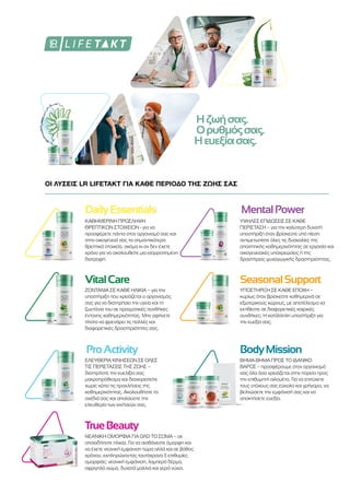 DailyEssentials MentalPower
BodyMission
TrueBeauty
SeasonalSupport
ProActivity
VitalCare
ΥΠΟΣΤΗΡΙΞΗ ΣΕ ΚΑΘΕ ΕΠΟΧΗ –
κυρίως όταν βρίσκεστε καθημερινά σε
εξωτερικούς χώρους, με αποτέλεσμα να
εκτίθεστε σε διαφορετικές καιρικές
συνθήκες. Η κατάλληλη υποστήριξη για
την ευεξία σας.
ΕΛΕΥΘΕΡΙΑ ΚΙΝΗΣΕΩΝ ΣΕ ΟΛΕΣ
ΤΙΣ ΠΕΡΙΣΤΑΣΕΙΣ ΤΗΣ ΖΩΗΣ –
διατηρήστε την ευελιξία σας
μακροπρόθεσμα και διαχειριστείτε
χωρίς κόπο τις προκλήσεις της
καθημερινότητας. Ακολουθήστε τα
σχέδιά σας και απολαύστε την
ελευθερία των κινήσεών σας.
ΒΗΜΑ-ΒΗΜΑ ΠΡΟΣ ΤΟ ΙΔΑΝΙΚΟ
ΒΑΡΟΣ – προσφέρουμε στον οργανισμό
σας όλα όσα χρειάζεται στην πορεία προς
την επιθυμητή σιλουέτα. Για να επιτύχετε
τους στόχους σας εύκολα και γρήγορα, να
βελτιώσετε την εμφάνισή σας και να
αποκτήσετε ευεξία.
ΝΕΑΝΙΚΗ ΟΜΟΡΦΙΑ ΓΙΑ ΟΛΟ ΤΟ ΣΩΜΑ – σε
οποιαδήποτε ηλικία. Για να αισθάνεστε όμορφη και
να έχετε νεανική εμφάνιση τώρα αλλά και σε βάθος
χρόνου, εκπληρώνοντας ταυτόχρονα 5 επιθυμίες
ομορφιάς: νεανική εμφάνιση, λαμπερό δέρμα,
σφριγηλό σώμα, δυνατά μαλλιά και γερά νύχια.
ΖΩΝΤΑΝΙΑ ΣΕ ΚΑΘΕ ΗΛΙΚΙΑ – για την
υποστήριξη που χρειάζεται ο οργανισμός
σας για να διατηρήσει την υγεία και τη
ζωντάνια του σε πραγματικές συνθήκες
έντονης καθημερινότητας. Μην αφήνετε
τίποτα να φρενάρει τις πολλές και
διαφορετικές δραστηριότητες σας.
ΥΨΗΛΕΣ ΕΠΙΔΟΣΕΙΣ ΣΕ ΚΑΘΕ
ΠΕΡΙΣΤΑΣΗ – για την καλύτερη δυνατή
υποστήριξη όταν βρίσκεστε υπό πίεση:
αντιμετωπίστε όλες τις δυσκολίες της
απαιτητικής καθημερινότητας σε εργασία και
οικογενειακές υποχρεώσεις ή της
δραστήριας ψυχαγωγικής δραστηριότητας.
ΚΑΘΗΜΕΡΙΝΗ ΠΡΟΣΛΗΨΗ
ΘΡΕΠΤΙΚΩΝ ΣΤΟΙΧΕΙΩΝ - για να
προσφέρετε πάντα στον οργανισμό σας και
στην οικογένειά σας τα σημαντικότερα
θρεπτικά στοιχεία, ακόμα κι αν δεν έχετε
χρόνο για να ακολουθείτε μια ισορροπημένη
διατροφή.
ΟΙ ΛΥΣΕΙΣ LR LIFETAKT ΓΙΑ ΚΑΘΕ ΠΕΡΙΟΔΟ ΤΗΣ ΖΩΗΣ ΣΑΣ
Ηζωήσας.
Ορυθμόςσας.
Ηευεξίασας.
 