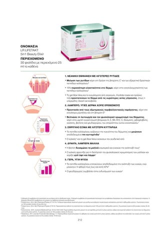 212
1. ΝΕΑΝΙΚΗ ΕΜΦΑΝΙΣΗ ΜΕ ΛΙΓΟΤΕΡΕΣ ΡΥΤΙΔΕΣ
• Μείωση των ρυτίδων χάρη στη δράση της βιταμίνης C1
και των εξαιρετικά δραστικών
πεπτιδίων κολλαγόνου6
• 15% περισσότερη ελαστικότητα στο δέρμα, χάρη στην αποτελεσματικότητα των
πεπτιδίων κολλαγόνου7
• Το gel Aloe Vera και τα εκχυλίσματα από σαγκουίνι, rhodiola rosea και πράσινο
τσάι προστατεύουν το δέρμα από τις κυριότερες αιτίες γήρανσης, όπως η
υπεριώδης ηλιακή ακτινοβολία
2. ΛΑΜΠΕΡΟ, ΥΓΙΕΣ ΔΕΡΜΑ ΧΩΡΙΣ ΕΡΕΘΙΣΜΟΥΣ
• Προστασία από τους εξωτερικούς περιβαλλοντικούς παράγοντες, χάρη στο
εκχύλισμα μύρτιλλου και στη βιταμίνη E5
• Βελτιώνει τη λειτουργία και τον φυσιολογικό χρωματισμό του δέρματος,
χάρη στην υψηλή συγκέντρωση βιταμινών A, E, B6, B12, C, θειαμίνης, ριβοφλαβίνης,
νιασίνης, βιοτίνης και ψευδαργύρου, του απαραίτητου αυτού ιχνοστοιχείου1
3. ΣΦΡΙΓΗΛΟ ΣΩΜΑ ΜΕ ΛΙΓΟΤΕΡΗ ΚΥΤΤΑΡΙΔΑ
• Τα πεπτίδια κολλαγόνου αυξάνουν την πυκνότητα του δέρματος και μειώνουν
αποδεδειγμένα την κυτταρίτιδα8
• Ο χαλκός2
και το gel Aloe Vera ενισχύουν τον συνδετικό ιστό
4. ΔΥΝΑΤΑ, ΛΑΜΠΕΡΑ ΜΑΛΛΙΑ
• Η βιοτίνη δυναμώνει τα μαλλιά εσωτερικά και ενισχύει την ανάπτυξή τους3
• Ο χαλκός φροντίζει για τη διατήρηση του φυσιολογικού χρωματισμού των μαλλιών και
χαρίζει υγιή όψη και λάμψη3
5. ΓΕΡΑ, ΥΓΙΗ ΝΥΧΙΑ
• Τα πεπτίδια κολλαγόνου επιταχύνουν αποδεδειγμένα την ανάπτυξη των νυχιών, ενώ
μειώνουν τη φθορά τους έως και κατά 42%9
• Ο ψευδάργυρος συμβάλλει στην ενδυνάμωση των νυχιών4
5
Η βιταμίνη E συμβάλλει στην προστασία των κυττάρων από το οξειδωτικό στρες. Η θειαμίνη συμβάλλει στη φυσιολογική λειτουργία των μεταβολικών διεργασιών που αποσκοπούν στην παραγωγή ενέργειας. Η
βιταμίνες B6 και B12 συμβάλλουν στη μείωση της αίσθησης κόπωσης και εξάντλησης.
6
Proksch et al., 2014, Skin Pharmacol Physiol; 27:113-119. Το δέρμα παρουσίασε σημαντική μείωση των ρυτίδων και αυξημένη συγκέντρωση κολλαγόνου μετά από 4 εβδομάδες χρήσης. Οι μετρήσεις έγιναν
σε 100 γυναίκες ηλικίας 45 έως 65 ετών.
7
Proksch et al., 2014, Skin Pharmacol Physiol; 27:47-55. Παρουσιάστηκε αύξηση της ελαστικότητας του δέρματος κατά 15% μετά από 4 εβδομάδες χρήσης. Οι μετρήσεις έγιναν σε 69 γυναίκες ηλικίας 35-55
ετών.
8
Schunck et al., 2015, Journal of Medicinal Food; 18 (12) 1340-1348. Παρατηρήθηκε σημαντική μείωση της κυτταρίτιδας μετά από 3 μήνες χρήσης, καθώς και σημαντική αύξηση της πυκνότητας του δέρματος
μετά από 6 μήνες χρήσης. Οι μετρήσεις έγιναν σε 105 γυναίκες ηλικίας 25-50 ετών.
9
Hexsel et al., 2017, Journal of Cosmetic Dermatology; 1-7. Παρατηρήθηκε σημαντική μείωση της φθοράς των νυχιών μετά από 2 μήνες χρήσης, καθώς και αύξηση της ανάπτυξης των νυχιών μετά από 3 μήνες
χρήσης. Οι μετρήσεις έγιναν σε 25 γυναίκες ηλικίας 18-50 ετών.
ΟΝΟΜΑΣΊΑ	
LR LIFETAKT
5in1 Beauty Elixir
ΠΕΡΙΕΧΌΜΕΝΟ	
30 φιαλίδια με περιεχόμενο 25
ml το καθένα
1.
Μείωση των ρυτίδων
2.
Προστασία του
δέρματος
4.
Αντοχή της τρίχας
Placebo
1,00
0,94
0,95
0,96
0,97
0,98
0,99
Kollagen
3.
Πυκνότητα
του δέρματος
t=0 t=12 t=24
1,15
0,90
0,95
1,00
1,05
1,10
5.
Ανάπτυξη των
νυχιών
 