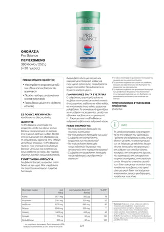 221
ΣΕ ΠΟΙΟΥΣ ΑΠΕΥΘΥΝΕΤΑΙ
Κατάλληλο για όλες τις ηλικίες.
ΙΔΙΟΤΗΤΕΣ
Το Pro Balance υποστηρίζει την
ισορροπία μεταξύ των οξέων και των
βάσεων του οργανισμού και ενισχύει
έτσι το γενικό αίσθημα ευεξίας. Βοηθά
στην αντιμετώπιση της αδιαθεσίας και
τη κόπωσης που οφείλεται στην έλλειψη
μεταλλικών στοιχείων. Το Pro Balance
περιέχει έναν επιλεγμένο συνδυασμό
βασικών μετάλλων και ιχνοστοιχείων,
όπως ασβέστιο και κάλιο. Δεν περιέχει
γλουτένη, λακτόζη και ζωικά συστατικά.
ΣΥΝΙΣΤΩΜΕΝΗ ΔΟΣΟΛΟΓΙΑ
Λαμβάνετε 3 φορές ημερησίως από 4
δισκία με λίγο υγρό. Μην υπερβαίνετε
την ανωτέρω συνιστώμενη ημερήσια
δοσολογία.
Ακολουθείτε πάντα μια πλούσια και
ισορροπημένη διατροφή, καθώς και
έναν υγιεινό τρόπο ζωής. Να φυλάσσεται
μακριά από παιδιά. Να φυλάσσεται σε
δροσερό και ξηρό μέρος.
ΠΛΗΡΟΦΟΡΙΕΣ ΓΙΑ ΤΑ ΣΥΣΤΑΤΙΚΑ
Ο ανθρώπινος οργανισμός πρέπει να
λαμβάνει συστηματικά μεταλλικά στοιχεία
όπως μαγνήσιο, ασβέστιο και κάλιο καθώς
και ιχνοστοιχεία όπως χαλκό, χρώμιο και
μολυβδαίνιο. Τα στοιχεία αυτά φροντίζουν
για τη ρύθμιση της ισορροπίας μεταξύ των
οξέων και των βάσεων του οργανισμού.
Η LR χρησιμοποιεί στο Pro Balance
ανθρακικό ασβέστιο και ανθρακικό νάτριο.
ΠΕΔΙΟ ΕΦΑΡΜΟΓΗΣ:
– Για τη φυσιολογική λειτουργία του
νευρικού συστήματος1
– Για τη φυσιολογική λειτουργία των μυών1
– Συμβάλλει στη διατήρηση της
ισορροπίας των ηλεκτρολυτών2
– Για τη φυσιολογική λειτουργία
των μεταβολικών διεργασιών που
αποσκοπούν στην παραγωγή ενέργειας3
– Συμβάλλει στη φυσιολογική λειτουργία
του μεταβολισμού μικροθρεπτικών
στοιχείων3
1 Το κάλιο υποστηρίζει τη φυσιολογική λειτουργία του
νευρικού και του μυϊκού συστήματος.
2 Το μαγνήσιο συμβάλλει στη μείωση της αίσθησης
κόπωσης και εξάντλησης και στη διατήρηση της
ισορροπίας των ηλεκτρολυτών.
3 Το ασβέστιο συμβάλλει στη φυσιολογική λειτουργία
των μεταβολικών διεργασιών που αποσκοπούν
στην παραγωγή ενέργειας και στη διατήρηση της
φυσιολογικής κατάστασης των οστών και των
δοντιών.
ΠΡΟΤΕΙΝΟΜΕΝΟΣ ΣΥΝΔΥΑΣΜΟΣ
ΠΡΟΪΟΝΤΩΝ
Vita Active
* της ημερήσιας Διατροφικής Τιμής Αναφοράς (ΔΤΑ)
Αριθμός Γνωστοποίησης Ε.Ο.Φ.: 3105/15-01-2010
Θρεπτικές ουσίες ανά
100 g
ανά ημερήσια δόση (12
δισκία)
% ΔΤΑ*
Κάλιο 3571 mg 300 µg 15
Μαγνήσιο 2381 mg 200 mg 53
Ασβέστιο 8274 mg 695 mg 87
Νάτριο 6548 mg 550 mg **
Χαλκός 5400 µg 453 µg 45
Χρώμιο 714 µg 60 µg 150
Μολυβδαίνιο 952 µg 80 µg 160
INFO
Τα μεταλλικά στοιχεία είναι απαραίτη-
τα για την επιβίωση του οργανισμού.
Πρόκειται για ανόργανες ουσίες, όπως
άλατα ή μέταλλα, τα οποία χρησιμεύ-
ουν σε διάφορες μεταβολικές διεργα-
σίες και λειτουργίες του οργανισμού:
στη ρύθμιση των επιπέδων άλατος
και νερού, στη λειτουργία της άμυνας
του οργανισμού, στη λειτουργία του
νευρικού συστήματος, στην υγεία των
οστών. Μπορεί να απαιτείται μεγαλύ-
τερη δόση ορισμένων στοιχείων όπως
το κάλιο και το ασβέστιο, ενώ αρκεί
μόνο μια μικρή δόση των λεγόμενων
ιχνοστοιχείων, όπως ο ψευδάργυρος,
το ιώδιο και το σελήνιο.
ΟΝΟΜΑΣΊΑ
Pro Balance
ΠΕΡΙΕΧΌΜΕΝΟ	
360 δισκία / 252 g
(=ˆ 30 ημέρες)
Πλεονεκτήματα προϊόντος
• Υποστηρίζει την ισορροπία μεταξύ
των οξέων και των βάσεων του
οργανισμού
• Περιέχει πολύτιμα μεταλλικά στοι-
χεία και ιχνοστοιχεία
• Για ευεξία και μείωση της αίσθησης
κόπωσης
Συστατικά Ανθρακικό νάτριο, ανθρακικό ασβέστιο,
πληρωτικό μέσο (σορβιτόλη), πληρωτικό μέσο
(μικροκρυσταλλική κυτταρίνη), ανθρακικό μαγνήσιο,
κιτρικό κάλιο, κιτρικό νάτριο, διττανθρακικό κάλιο,
κιτρικό μαγνήσιο, κιτρικό ασβέστιο, μαλτοδεξτρίνη,
άμυλο αραβοσίτου, αντισυσσωματικός παράγοντας
(διοξείδιο του πυριτίου και άλατα μαγνησίου βρώσιμων
λιπαρών οξέων), γλυκονικός χαλκός, χλωριούχο χρώμιο,
μολυβδαινικό νάτριο.
 