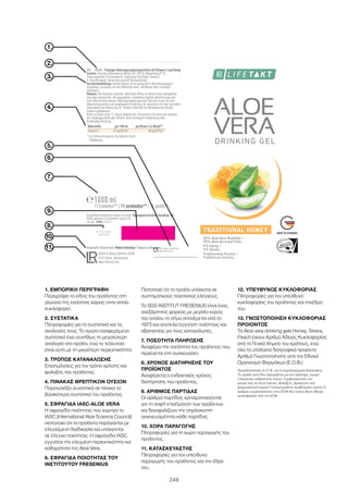 249
1. ΕΜΠΟΡΙΚΗ ΠΕΡΙΓΡΑΦΗ
Περιγράφει το είδος του προϊόντος στη
γλώσσα της εκάστοτε χώρας στην οποία
κυκλοφορεί.
2. ΣΥΣΤΑΤΙΚΑ
Πληροφορίες για τα συστατικά και τις
αναλογίες τους. Το πρώτο αναφερόμενο
συστατικό έχει συνήθως τη μεγαλύτερη
αναλογία στο προϊόν, ενώ το τελευταίο
είναι αυτό με τη μικρότερη περιεκτικότητα.
3. ΤΡΟΠΟΣ ΚΑΤΑΝΑΛΩΣΗΣ
Επισημάνσεις για τον τρόπο χρήσης και
φύλαξης του προϊόντος.
4. ΠΙΝΑΚΑΣ ΘΡΕΠΤΙΚΩΝ ΟΥΣΙΩΝ
Παρουσιάζει συνοπτικά σε πίνακα τα
βασικότερα συστατικά του προϊόντος.
5. ΣΦΡΑΓΙΔΑ IASC-ALOE VERA
Η σφραγίδα ποιότητας που χορηγεί το
IASC (International Aloe Science Council)
πιστοποιεί ότι τα προϊόντα παράγονται με
ελεγχόμενη διαδικασία και υπόκεινται
σε έλεγχο ποιότητας. Η σφραγίδα IASC
εγγυάται την ελεγμένη περιεκτικότητα και
καθαρότητα της Aloe Vera.
6. ΣΦΡΑΓΙΔΑ ΠΟΙΟΤΗΤΑΣ ΤΟΥ
ΙΝΣΤΙΤΟΥΤΟΥ FRESENIUS
Πιστοποιεί ότι το προϊόν υπόκειται σε
συστηματικούς ποιοτικούς ελέγχους.
Το SGS INSTITUT FRESENIUS είναι ένας
ανεξάρτητος φορέας με μεγάλο κύρος
του οποίου το σήμα απονέμεται από το
1973 και αποτελεί εγγύηση ποιότητας και
αξιοπιστίας για τους καταναλωτές.
7. ΠΟΣΟΤΗΤΑ ΠΛΗΡΩΣΗΣ
Αναφέρει την ποσότητα του προϊόντος που
περιέχεται στη συσκευασία.
8. ΧΡΟΝΟΣ ΔΙΑΤΗΡΗΣΗΣ ΤΟΥ
ΠΡΟΪΟΝΤΟΣ
Αναφέρεται ο ενδεικτικός χρόνος
διατήρησης του προϊόντος.
9. ΑΡΙΘΜΟΣ ΠΑΡΤΙΔΑΣ
Οι αριθμοί παρτίδας χρησιμοποιούνται
για τη σαφή επισήμανση των προϊόντων
και διασφαλίζουν την απρόσκοπτη
ανιχνευσιμότητα κάθε παρτίδας.
10. ΧΩΡΑ ΠΑΡΑΓΩΓΗΣ
Πληροφορίες για τη χώρα παραγωγής του
προϊόντος.
11. ΚΑΤΑΣΚΕΥΑΣΤΗΣ
Πληροφορίες για τον υπεύθυνο
παραγωγής του προϊόντος και την έδρα
του.
12. ΥΠΕΥΘΥΝΟΣ ΚΥΚΛΟΦΟΡΙΑΣ
Πληροφορίες για τον υπεύθυνο
κυκλοφορίας του προϊόντος και τηνέδρα
του.
13. ΓΝΩΣΤΟΠΟΙΗΣΗ ΚΥΚΛΟΦΟΡΙΑΣ
ΠΡΟΙΟΝΤΟΣ
Tα Aloe vera drinking gels Honey, Sivera,
Peach έχουν Αριθμό Άδειας Κυκλοφορίας
από το Γενικό Χημείο του κράτους, ενώ
όλα τα υπόλοιπα διατροφικά προιόντα
Αριθμό Γνωστοποίησης από τον Εθνικό
Οργανισμό Φαρμάκων (Ε.Ο.Φ.)
Προειδοποιήσεις Ε.Ο.Φ. για τα συμπληρώματα διατροφής:
Το προϊόν αυτό δεν προορίζεται για την πρόληψη, αγωγή
ή θεραπεία ανθρώπινης νόσου. Συμβουλευτείτε τον
γιατρό σας αν είστε έγκυος, θηλάζετε, βρίσκεστε υπό
φαρμακευτική αγωγή ή αντιμετωπίζετε προβλήματα υγείας Ο
αριθμός γνωστοποίησης στον ΕΟΦ δεν επέχει θέση άδειας
κυκλοφορίας από τον ΕΟΦ
Basisetikett (142
Kunde: LR HEALTHBEAUTYSYS
Bezeichnung: Lifetakt Aloe Vera D
Format (HxL): 142 x 238 mm
Art.-Nr.:
Material:
Freigabe: ...................................
Zał. 7 PP 7.2
Zakład Produkcyjny
05-850 Ożarów Maz.
ul. Poznańska 129/133
Druckbereich
90% Aloe Vera Blattﬁlet /
90% Aloe Vera leaf ﬁllet
9% Honig /
9% Honey
Traditionelle Formel /
Traditional formula
TRADITIONAL HONEY MADE IN GERMANY
Basisetikett (142 x 238 mm)
Health  Beauty Systems GmbH
59215 Ahlen, Deutschland
www.LRworld.com
Ungeöffnet mindestens haltbar bis Ende: Ongeopend minstens houdbaar tot:
Avant ouverture à consommer jusqu’à fin:
Los-Nr.: Lotnr.: Lot n°:
HergestelltinDeutschland/MadeinGermany/FabriquéenAllemagne
I Complément alimentaire liquide avec vitamine C et miel
Ingrédients: Gel Aloe Vera (Barbadensis Miller)1
(90 %), Miel (9 %), acidifiant (acide
citrique), stabilisateur (xanthane), vitamine C (L-acide ascorbique), conservateur
(sorbate de potassium).
Indication: Prendre 30 ml (contenu équivalent à 3 bouchons) 3 fois par jour, de
préférence avant les repas.
Attention: Agiter avant l’emploi. Conserver au réfrigérateur après ouverture et
consommer rapidement. La dose quotidienne recommandée ne doit pas être dépassée.
Les compléments alimentaires ne sauraient pas remplacer une alimentation variée et
équilibrée et un mode de vie sain. Tenir hors de la portée des enfants.
Ne pas administrer aux enfants de moins de 12 ans. Consultez votre médecin en cas de
grossesse ou d'allaitement. Pas d'utilisation prolongée sans avis d'un spécialiste.
N Vloeibaar voedingssupplement met vitamine C en honing
Ingrediënten: Aloe Vera (Barbadensis Miller) Gel1
(90 %), bloesemhoning (9 %),
zuurmiddel (citroenzuur), stabilisator (xanthaan), vitamine C (L-ascorbinezuur),
bewaarmiddel (kaliumsorbaat) .
Gebruiksaanbeveling: Neem driemaal daags 30 ml (gelijk aan 3 dopjes).
Het beste voor de maaltijd, kan worden verdund met water of vruchtensap.
Aanwijzing: Schudden voor gebruik. Na het openen in de koelkast bewaren en snel
nuttigen. De aangegeven dagelijkse hoeveelheid dient niet overschreden te worden.
Voedingssupplementen zijn geen vervanging voor een afwisselende en
gebalanceerde voeding, die samen met een gezonde levensstijl van belang is.
Product buiten het bereik van kinderen bewaren.
Niet toedienen aan kinderen jonger dan 12 jaar. Bij zwangerschap of borstvoeding
uw arts raadplegen. Geen langdurig gebruik zonder deskundig advies.
1000 ml
11 Einheiten** / 11 eenheden** / 11 unités**
Nährstoffe pro 100 ml pro90ml(=3x30ml)**
Vitamin C
* der Referenzmenge für die tägliche Zufuhr
1
USA/Mexiko
*dumontantderéférencepourl’apportjournalier
1
USA/Mexique
67mg(84%*) 60mg(75%*)
Voedingsstoffen per 100 ml per90ml(=3x30ml)**
Vitamine C
* Percentage van de aanbevolen dagelijkse hoeveelheid
1
USA/Mexico
67mg(84%*) 60mg(75%*)
Nutriments par 100 ml par90ml(=3x30ml)**
Vitamine C 67mg(84%*) 60mg(75%*)
67033
This product is certified by:
WWW.SGS-QUALITAETSSIEGEL.DE WWW.IASC.ORG
A� � Flüssiges Nahrungsergänzungsmittel mit Vitamin C und Honig
Zutaten: Aloe Vera (Barbadensis Miller) Gel1
(90 %), Blütenhonig (9 %),
Säuerungsmittel (Citronensäure), Stabilisator (Xanthan), Vitamin C
(L-Ascorbinsäure), Konservierungsstoff (Kaliumsorbat).
Verzehrempfehlung: Dreimal täglich 30 ml (entspricht 3 Verschlusskappen)
einnehmen, am besten vor den Mahlzeiten (evtl. mit Wasser oder Fruchtsaft
verdünnen).
Hinweis: Vor Gebrauch schütteln. Nach dem Öffnen im Kühlschrank aufbewahren
und zügig verbrauchen. Die angegebene, empfohlene tägliche Verzehrmenge darf
nicht überschritten werden. Nahrungsergänzungsmittel sind kein Ersatz für eine
abwechslungsreiche und ausgewogene Ernährung, die zusammen mit einer gesunden
Lebensweise von Bedeutung ist. Produkt außerhalb der Reichweite von kleinen
Kindern aufbewahren.
Nicht an Kinder unter 12 Jahren verabreichen. Konsultieren Sie Ihren Arzt während
der Schwangerschaft oder Stillzeit. Keine verlängerte Verwendung ohne
fachkundige Beratung.
BE LU
BE LU
BE
ﬁlet /
ﬁllet
l /
NAL HONEY MADE IN GERMANY
Basisetikett (142 x 238 mm)
Health  Beauty Systems GmbH
59215 Ahlen, Deutschland
www.LRworld.com
Ungeöffnet mindestens haltbar bis Ende: Ongeopend minstens houdbaar tot:
Avant ouverture à consommer jusqu’à fin:
Los-Nr.: Lotnr.: Lot n°:
HergestelltinDeutschland/MadeinGermany/FabriquéenAllemagne
I Complément alimentaire liquide avec vitamine C et miel
Ingrédients: Gel Aloe Vera (Barbadensis Miller)1
(90 %), Miel (9 %), acidifiant (acide
citrique), stabilisateur (xanthane), vitamine C (L-acide ascorbique), conservateur
(sorbate de potassium).
Indication: Prendre 30 ml (contenu équivalent à 3 bouchons) 3 fois par jour, de
préférence avant les repas.
Attention: Agiter avant l’emploi. Conserver au réfrigérateur après ouverture et
consommer rapidement. La dose quotidienne recommandée ne doit pas être dépassée.
Les compléments alimentaires ne sauraient pas remplacer une alimentation variée et
équilibrée et un mode de vie sain. Tenir hors de la portée des enfants.
Ne pas administrer aux enfants de moins de 12 ans. Consultez votre médecin en cas de
grossesse ou d'allaitement. Pas d'utilisation prolongée sans avis d'un spécialiste.
N Vloeibaar voedingssupplement met vitamine C en honing
Ingrediënten: Aloe Vera (Barbadensis Miller) Gel1
(90 %), bloesemhoning (9 %),
zuurmiddel (citroenzuur), stabilisator (xanthaan), vitamine C (L-ascorbinezuur),
bewaarmiddel (kaliumsorbaat) .
Gebruiksaanbeveling: Neem driemaal daags 30 ml (gelijk aan 3 dopjes).
Het beste voor de maaltijd, kan worden verdund met water of vruchtensap.
Aanwijzing: Schudden voor gebruik. Na het openen in de koelkast bewaren en snel
nuttigen. De aangegeven dagelijkse hoeveelheid dient niet overschreden te worden.
Voedingssupplementen zijn geen vervanging voor een afwisselende en
gebalanceerde voeding, die samen met een gezonde levensstijl van belang is.
Product buiten het bereik van kinderen bewaren.
Niet toedienen aan kinderen jonger dan 12 jaar. Bij zwangerschap of borstvoeding
uw arts raadplegen. Geen langdurig gebruik zonder deskundig advies.
1000 ml
11 Einheiten** / 11 eenheden** / 11 unités**
Nährstoffe pro 100 ml pro90ml(=3x30ml)**
Vitamin C
* der Referenzmenge für die tägliche Zufuhr
1
USA/Mexiko
*dumontantderéférencepourl’apportjournalier
1
USA/Mexique
67mg(84%*) 60mg(75%*)
Voedingsstoffen per 100 ml per90ml(=3x30ml)**
Vitamine C
* Percentage van de aanbevolen dagelijkse hoeveelheid
1
USA/Mexico
67mg(84%*) 60mg(75%*)
Nutriments par 100 ml par90ml(=3x30ml)**
Vitamine C 67mg(84%*) 60mg(75%*)
67033
This product is certified by:
WWW.SGS-QUALITAETSSIEGEL.DE WWW.IASC.ORG
A� � Flüssiges Nahrungsergänzungsmittel mit Vitamin C und Honig
Zutaten: Aloe Vera (Barbadensis Miller) Gel1
(90 %), Blütenhonig (9 %),
Säuerungsmittel (Citronensäure), Stabilisator (Xanthan), Vitamin C
(L-Ascorbinsäure), Konservierungsstoff (Kaliumsorbat).
Verzehrempfehlung: Dreimal täglich 30 ml (entspricht 3 Verschlusskappen)
einnehmen, am besten vor den Mahlzeiten (evtl. mit Wasser oder Fruchtsaft
verdünnen).
Hinweis: Vor Gebrauch schütteln. Nach dem Öffnen im Kühlschrank aufbewahren
und zügig verbrauchen. Die angegebene, empfohlene tägliche Verzehrmenge darf
nicht überschritten werden. Nahrungsergänzungsmittel sind kein Ersatz für eine
abwechslungsreiche und ausgewogene Ernährung, die zusammen mit einer gesunden
Lebensweise von Bedeutung ist. Produkt außerhalb der Reichweite von kleinen
Kindern aufbewahren.
Nicht an Kinder unter 12 Jahren verabreichen. Konsultieren Sie Ihren Arzt während
der Schwangerschaft oder Stillzeit. Keine verlängerte Verwendung ohne
fachkundige Beratung.
BE LU
BE LU
BE
90% Aloe Vera Blattﬁlet /
90% Aloe Vera leaf ﬁllet
9% Honig /
9% Honey
Traditionelle Formel /
Traditional formula
TRADITIONAL HONEY MADE IN GERMANY
1.
2.
6.
3.
4.
5.
8.
9.
10.
7.
11.
26.03.2020
3456789
 