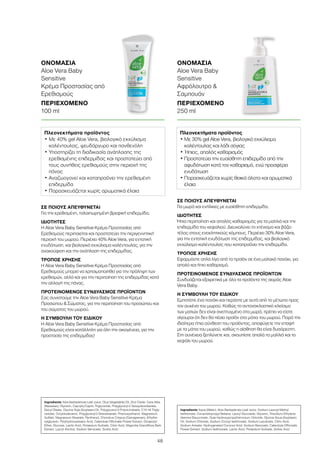 48
ΟΝΟΜΑΣΙΑ	
Aloe Vera Baby
Sensitive
Κρέμα Προστασίας από
Ερεθισμούς
ΠΕΡΙΕΧΟΜΕΝΟ	
100 ml
ΣΕ ΠΟΙΟΥΣ ΑΠΕΥΘΥΝΕΤΑΙ
Για την ερεθισμένη, ταλαιπωρημένη βρεφική επιδερμίδα.
ΙΔΙΟΤΗΤΕΣ
Η Aloe Vera Baby Sensitive Κρέμα Προστασίας από
Ερεθισμούς περιποιείται και προστατεύει την περιγεννητική
περιοχή του μωρού. Περιέχει 40% Aloe Vera, για εντατική
ενυδάτωση, και βιολογικό εκχύλισμα καλέντουλας, για την
ανακούφιση και την ανάπλαση της επιδερμίδας.
ΤΡΟΠΟΣ ΧΡΗΣΗΣ
Η Aloe Vera Baby Sensitive Κρέμα Προστασίας από
Ερεθισμούς μπορεί να χρησιμοποιηθεί για την πρόληψη των
ερεθισμών, αλλά και για την περιποίηση της επιδερμίδας κατά
την αλλαγή της πάνας.
ΠΡΟΤΕΙΝΟΜΕΝΟΣ ΣΥΝΔΥΑΣΜΟΣ ΠΡΟΪΟΝΤΩΝ
Σας συνιστούμε την Aloe Vera Baby Sensitive Κρέμα
Προσώπου  Σώματος, για την περιποίηση του προσώπου και
του σώματος του μωρού.
Η ΣΥΜΒΟΥΛΗ ΤΟΥ ΕΙΔΙΚΟΥ
Η Aloe Vera Baby Sensitive Κρέμα Προστασίας από
Ερεθισμούς είναι κατάλληλη για όλη την οικογένεια, για την
προστασία της επιδερμίδας!
ΣΕ ΠΟΙΟΥΣ ΑΠΕΥΘΥΝΕΤΑΙ
Για μωρά και ενήλικες με ευαίσθητη επιδερμίδα.
ΙΔΙΟΤΗΤΕΣ
Ήπια περιποίηση και απαλός καθαρισμός για τα μαλλιά και την
επιδερμίδα του κεφαλιού. Διευκολύνει το χτένισμα και βάζει
τέλος στους ενοχλητικούς κόμπους. Περιέχει 30% Aloe Vera,
για την εντατική ενυδάτωση της επιδερμίδας, και βιολογικό
εκχύλισμα καλέντουλας που καταπραΰνει την επιδερμίδα.
ΤΡΟΠΟΣ ΧΡΗΣΗΣ
Εφαρμόστε απλά λίγο από το προϊόν σε ένα μαλακό πανάκι, για
απαλό και ήπιο καθαρισμό.
ΠΡΟΤΕΙΝΟΜΕΝΟΣ ΣΥΝΔΥΑΣΜΟΣ ΠΡΟΪΟΝΤΩΝ
Συνδυάζεται εξαιρετικά με όλα τα προϊόντα της σειράς Aloe
Vera Baby.
Η ΣΥΜΒΟΥΛΗ ΤΟΥ ΕΙΔΙΚΟΥ
Εμποτίστε ένα πανάκι και περάστε με αυτό από το μέτωπο προς
τον αυχένα του μωρού. Καθώς το αντανακλαστικό κλείσιμο
των ματιών δεν είναι ανεπτυγμένο στα μωρά, πρέπει να είστε
σίγουροι ότι δεν θα πέσει προϊόν στα μάτια του μωρού. Παρά την
ιδιαίτερα ήπια σύνθεση του προϊόντος, αποφύγετε την επαφή
με τα μάτια του μωρού, καθώς η αίσθηση θα είναι δυσάρεστη.
Στη συνέχεια ξεπλύνετε και, σκουπίστε απαλά τα μαλλιά και το
κεφάλι του μωρού.
ΟΝΟΜΑΣΙΑ	
Aloe Vera Baby
Sensitive
Αφρόλουτρο 
Σαμπουάν
ΠΕΡΙΕΧΟΜΕΝΟ	
250 ml
Πλεονεκτήματα προϊόντος
• Με 40% gel Aloe Vera, βιολογικό εκχύλισμα
καλέντουλας, ψευδάργυρο και πανθενόλη
• Υποστηρίζει τη διαδικασία ανάπλασης της
ερεθισμένης επιδερμίδας και προστατεύει από
τους συνήθεις ερεθισμούς στην περιοχή της
πάνας
• Αναζωογονεί και καταπραΰνει την ερεθισμένη
επιδερμίδα
• Παρασκευάζεται χωρίς αρωματικά έλαια
Πλεονεκτήματα προϊόντος
• Με 30% gel Aloe Vera, βιολογικό εκχύλισμα
καλέντουλας και λάδι σόγιας
• Ήπιος, απαλός καθαρισμός
• Προστατεύει την ευαίσθητη επιδερμίδα από την
αφυδάτωση κατά τον καθαρισμό, ενώ προσφέρει
ενυδάτωση
• Παρασκευάζεται χωρίς θειικά άλατα και αρωματικά
έλαια
Ingredients Aloe Barbadensis Leaf Juice, Olus (Vegetable) Oil, Zinc Oxide, Cera Alba
(Beeswax), Glycerin, Caprylic/Capric Triglyceride, Polyglyceryl-2 Sesquiisostearate,
Decyl Oleate, Glycine Soja (Soybean) Oil, Polyglyceryl-3 Polyricinoleate, C10-18 Trigly-
cerides, Octyldodecanol, Polyglyceryl-3 Diisostearate, Phenoxyethanol, Magnesium
Sulfate, Magnesium Stearate, Panthenol, Chondrus Crispus (Carrageenan), Ethylhe-
xylglycerin, Polyhydroxystearic Acid, Calendula Officinalis Flower Extract, Dicaprylyl
Ether, Glucose, Lactic Acid, Potassium Sorbate, Citric Acid, Magnolia Grandiflora Bark
Extract, Lauryl Alcohol, Sodium Benzoate, Sorbic Acid
Ingredients Aqua (Water), Aloe Barbadensis Leaf Juice, Sodium Lauroyl Methyl
Isethionate, Cocamidopropyl Betaine, Lauryl Glucoside, Glycerin, Trisodium Ethylene-
diamine Disuccinate, Guar Hydroxypropyltrimonium Chloride, Glycine Soua (Soybean)
Oil, Sodium Chloride, Sodium Cocoyl Isethionate, Sodium Levulinate, Citric Acid,
Sodium Anisate, Hydrogenated Coconut Acid, Sodium Benzoate, Calendula Officinalis
Flower Extract, Sodium Isethionate, Lactic Acid, Potassium Sorbate, Sorbic Acid
 