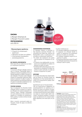 1. 2.
Επιδερμίδα
Χόριο
Υπόδερμα
σαμπουάν
Τονωτική
λοσιόν
90
ΣΕ ΠΟΙΟΥΣ ΑΠΕΥΘΥΝΕΤΑΙ
Ειδική φροντίδα για ανθρώπους με πρόω-
ρη, κληρονομική τριχόπτωση.
ΙΔΙΌΤΗΤΕΣ
Το σαμπουάν L-Recapin καθαρίζει απαλά και
ήπια, με σύστημα. Προετοιμάζει άριστα τα
μαλλιάκαιτοτριχωτότηςκεφαλήςγιατηνεπα-
κόλουθηεφαρμογήτηςEιδικήςTονωτικήςLο-
σιόν L-Recapin. Η Tονωτική Lοσιόν L-Recapin
σταματά την κληρονομική τριχόπτωση διεγεί-
ροντας την αιμάτωση της ρίζας της τρίχας. Τα
μαλλιάπαραμένουνγιαμεγαλύτεροδιάστημα
στηφάσητηςανάπτυξηςκαιβελτιώνεταιησυ-
γκράτησητουστελέχουςτηςτρίχας.
ΤΡΌΠΟΣ ΧΡΉΣΗΣ
Πριν την εφαρμογή της Tονωτικής Λοσιόν
L-Recapin λούστε τα μαλλιά με το σαμπου-
άν L-Recapin. Στη συνέχεια εφαρμόστε την
Τονωτική Λοσιόν L-Recapin ομοιόμορφα
στα νωπά μαλλιά και σε όλο το τριχωτό της
κεφαλής με τη βοήθεια του δοσομετρητή.
Κάντε μασάζ με κυκλικές κινήσεις και αφή-
στε να δράσει.
Μόνο η συνεχής, συστηματική χρήση της
Τονωτικής Λοσιόν θα φέρει ένα βέλτιστο
αποτέλεσμα.
ΠΛΗΡΟΦΟΡΊΕΣ ΣΥΣΤΑΤΙΚΏΝ
Το L-Recapin περιέχει το καινοτόμο ει-
δικό δραστικό συστατικό Procapil®
, που
αποτελείται από ελαϊκό οξύ, απιγενίνη και
Biotinyl-GHK. Αυτός ο συνδυασμός αντι-
μετωπίζει την κληρονομική τριχόπτωση:
•	Το ελαϊκό οξύ προέρχεται από φύλλα
ελιάς και μειώνει την υποχώρηση της τρί-
χας.
•	Η απιγενίνη είναι φλαβονοειδές που προ-
έρχεται από εσπεριδοειδή και αυξάνει την
αιμάτωση της ρίζας της τρίχας.
•	Το Biotinyl-GHK (ειδικό βιταμινούχο πεπτί-
διο) μειώνει την υποχώρηση της τρίχας, πα-
ρατείνει τη φάση ανάπτυξης της ρίζας και
ενισχύει τη συγκράτηση της τρίχας.
ΈΡΕΥΝΕΣ
Το ινστιτούτο DermaTronnier GmbH διεξή-
γαγε μια δοκιμή της Τονωτικής Λοσιόν για
λογαριασμό της LR για χρονικό διάστημα 4
μηνών με 20 συμμετέχοντες (άνδρες ηλικί-
ας 21-60 ετών).
Αποτελέσματα για την Τονωτική Λοσιόν:
76% των συμμετεχόντων επιβεβαίωσε την
αποτελεσματικότητα του προϊόντος και τη
βελτίωση του όγκου των μαλλιών. Οι συμμε-
τέχοντες διαπίστωσαν αύξηση του αριθμού
των τριχών (πυκνότητα) όπως επίσης αύξηση
των τριχών σε αναγενή φάση (φάση ανά-
πτυξης). Ταυτόχρονα μειώθηκε το ποσοστό
τριχών που βρίσκονται στην τελογενή φάση
(φάση αδράνειας στον κύκλο ζωής της τρί-
χας).
Η μελέτη αποδεικνύει ότι:
•	Το L-Recapin επιβραδύνει την τριχόπτωση
•	Η εφαρμογή του L-Recapin βοηθά τα
μαλλιά να παραμένουν για μεγαλύτερο
διάστημα στη φάση της ανάπτυξης
•	Το L-Recapin συμβάλλει ενεργά στη συ-
γκράτηση της τρίχας
•	ΤοσύμπλεγμαδραστικώνουσιώνProcapil®
του L-Recapin προστατεύει, δυναμώνει και
αναδομεί τη ρίζα της τρίχας
ΟΝΟΜΑ	
L-Recapin Shampoo 
L-Recapin Tονωτική Lοσιόν
ΠΕΡΙΕΧΌΜΕΝΟ	
από 200 ml
Ingredients L-Recapin Shampoo:
Aqua (Water), Disodium Laureth Sulfosuccinate, Sodium
Laureth Sulfate, Cocamidopropyl Betaine, PEG-40
Hydrogenated Castor Oil, PEG-120 Methyl Glucose
Dioleate, Sodium Lauroyl Sarcosinate, Sodium Lauroyl
Glutamate, Sodium Chloride, Mentha Piperita Oil,
Cetrimonium Chloride, Panthenol, Apigenin, Biotinoyl
Tripeptide-1, Butylene Glycol, Oleanolic Acid, Glycopro-
teine, Polyquaternium-10, Citric Acid, Phenoxyethanol,
Benzyl Alcohol, Tocopherol, Glycerin, Pentylene Glycol,
PPG-26-Buteth-26, Sodium Benzoate, Potassium Sorba-
te, Dipotassium Phosphate, Sodium Acetate, Isopropyl
Alcohol, Biotin, Limonene
Ingredients L-Recapin Tonicum:
Aqua (Water), Alcohol denat., Butylene Glycol, Isopropyl
Alcohol, Arginine, Citric Acid, PPG-26-Buteth-26, PEG-
40 Hydrogenated Castor Oil, Apigenin, Oleanolic Acid,
Biotinoyl Tripeptide-1
Πλεονεκτήματα προϊόντος
•	Σταματά την κληρονομική
τριχόπτωση
•	Βελτιώνει τον όγκο των μαλλιών
•	Επιστημονικά τεκμηριωμένη
αποτελεσματικότητα
TOP-
SELLER
 
