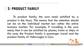 2- PRODUCT FAMILY
In product family, the core need satisfied by a
product is the focus. This means that the attention should
not be on the individual market but rather the entire
business market. For example, if travelling is the core
need, then it can be satisfied by planes, trains or ships. In
this case, the Product family is passenger travel and the
product family of Volkswagen is Cars.
 