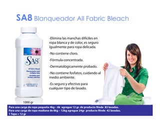 SA8 Blanqueador All Fabric Bleach
-Elimina las manchas difíciles en
Elimina
ropa blanca y de color, es seguro
igualmente para ropa delicada.
-No contiene cloro.
cloro
-Fórmula concentrada.
-Dermatológicamente probado.
-No contiene fosfatos, cuidando al
medio ambiente.
-Es seguro y efectivo para
Es
cualquier tipo de lavado.

1000 gr
Para una carga de ropa pequeña 4kg – 6k agregue 12 gr. de producto Rinde 83 lavadas.
Para una carga de ropa mediana de 8kg – 12kg agregue 24gr producto Rinde 42 lavadas.
1 Tapa = 12 gr

 