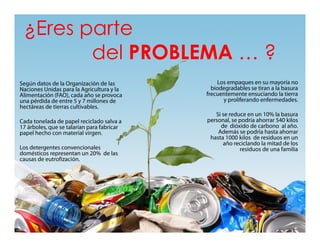 ¿Eres parte
del
d l PROBLEMA … ?
Según datos de la Organización de las
Naciones Unidas para la Agricultura y la
Alimentación (FAO), cada año se provoca
una pérdida de entre 5 y 7 millones de
hectáreas de tierras cultivables
cultivables.
Cada tonelada de papel reciclado salva a
17 árboles, que se talarían para fabricar
papel hecho con material virgen.
Los detergentes convencionales
domésticos representan un 20% de las
causas de eutrofización.

Los empaques en su mayoría no
biodegradables se tiran a la basura
frecuentemente ensuciando la tierra
y proliferando enfermedades.
Si se reduce en un 10% la basura
personal, se podría ahorrar 540 kilos
de dióxido de carbono al año.
Además se podría hasta ahorrar
hasta 1000 kilos de residuos en un
año reciclando la mitad de los
residuos de una familia

 