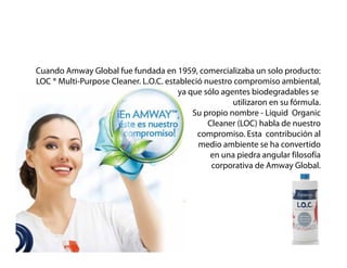 Cuando Amway Global fue fundada en 1959, comercializaba un solo producto:
LOC ® Multi-Purpose Cleaner. L.O.C. estableció nuestro compromiso ambiental,
Multi Purpose
ya que sólo agentes biodegradables se
utilizaron en su fórmula.
p p
q
g
Su propio nombre - Liquid Organic
Cleaner (LOC) habla de nuestro
compromiso. Esta contribución al
medio ambiente se ha convertido
en una piedra angular filosofía
corporativa de Amway Global.

 