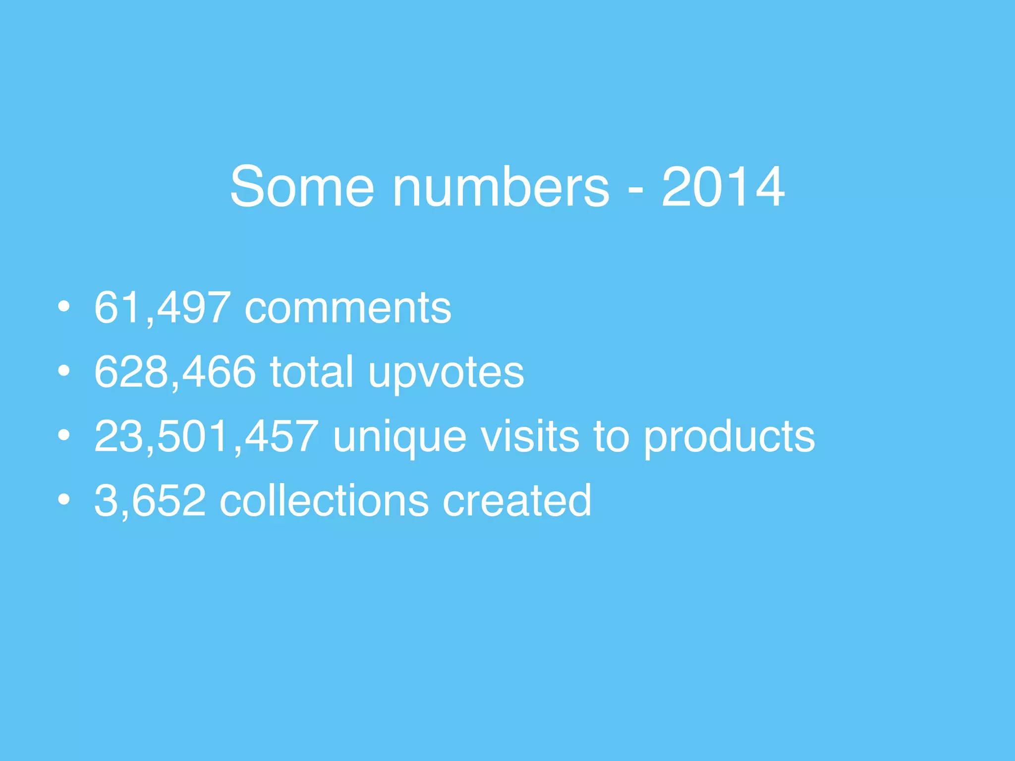 Some numbers - 2014
• 61,497 comments
• 628,466 total upvotes
• 23,501,457 unique visits to products
• 3,652 collections created
 