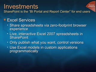 Investments SharePoint is the “BI Portal and Report Center” for end users Excel Services  Share spreadsheets via zero-footprint browser experience Live, interactive Excel 2007 spreadsheets in SharePoint Only publish what you want, control versions Use Excel models in custom applications programmatically Business Intelligence 