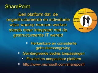 SharePoint Herkenbare en consistente gebruikersomgeving  Geintergreerde bedrijs toepassingen Flexibel en aanpasbaar platform http:// www.microsoft.com/sharepoint Een platform dat  de ongestructureerde en individuele wijze waarop mensen werken steeds meer integreert met de gestructureerde IT wereld 