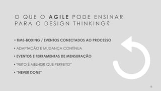 18
O Q U E O A G I L E P O D E E N S I N A R
PA R A O D E S I G N T H I N K I N G ?
• ADAPTAÇÃO E MUDANÇA CONTÍNUA
• EVENTOS E FERRAMENTAS DE MENSURAÇÃO
• "FEITO É MELHOR QUE PERFEITO”
• “NEVER DONE”
• TIME-BOXING / EVENTOS CONECTADOS AO PROCESSO
 