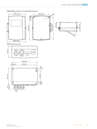 G M 3 5 | S I C K8009253/2015-11
Subject to change without notice
1 31 3
In-situ gas analyzers GM35
GM35 AWE evaluation unit: cast metal enclosure
260 (10.24)
289 (11.38)
R = 273 (10.75)
25(0.98)
370(14.57)
138(5.43)
85(3.35)
330(12.99)
235 (9.25)
Ø 7 (0.28)
GM35 connection unit
Ø 5
(0.20)
PG11
PG13,5
52(2.05)
113 (4.45)6 (0.24)
125 (4.92)
14
(0.55)
80(3.15)23
(0.91)
57(2.24)
 