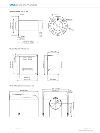 G M 3 5 | S I C K 8009253/2015-11
Subject to change without notice
1 41 4
GM35 In-situ gas analyzers
Mounting flange, Di
=125 mm
Ø240(9.45)
Ø178(7.01)
Ø125(4.92)
Ø133(5.24)
8 (0.31)
14 (0.55)
240 / 500 / 1,000
(9.45 / 19.69 / 39.37)
3.6–4.0
(.14–.16)
3 (0.12)
45°
Ø 200 (7.87)
Ø 18 (0.71)
Weather hood for reflector unit
300(11.81)
321(12.64)
27(1.06)
248 (9.76)
325 (12.80)
309(12.17)
180 (7.09)
169 (6.65)
320(12.60)
Weather hood for sender/receiver unit
636.4 (25.06)
576.3 (22.69)
525.8 (20.7) 25.2
(0.99)
507.8(19.99)
297(11.69)
Ø
240
(9.45)
 