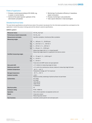 G M 3 5 | S I C K8009253/2015-11
Subject to change without notice
55
In-situ gas analyzers GM35
Fields of application
•	 Emission monitoring according to EN 14181, e.g.
in power or cement plants
•	 Control of the water-injection upstream of the
electrostatic precipitator
•	 Monitoring of combustion efficiency in hazardous
waste incineration
•	 Process monitoring in urea production
•	 Tube rupture detection in heat exchangers
Detailed technical data
The exact device specifications and performance data of the product may deviate from the information provided here, and depend on the
application in which the product is being used and the relevant customer specifications.
GM35 system
Measured values CO, CO2
, H2
O, N2
O
Performance tested measurands CO, CO2
, H2
O
Measurement principles Gas filter correlation, Interference filter correlation
Measuring ranges
CO 0 ... 180 ppm / 0 ... 20,000 ppm
CO2
0 ... 22.5 Vol.-% / 0 ... 100 Vol.-%
H2
O 0 ... 25 Vol.-% / 0 ... 100 Vol.-%
N2
O 0 ... 60 ppm / 0 ... 2,500 ppm
Measuring ranges refer to 1 m measuring path
Measuring ranges depend on application and device version
Certified measuring ranges
CO 0 ... 75 mg/m³ / 0 ... 2,000 mg/m³
CO2
0 ... 15 Vol.-%
H2
O 0 ... 25 Vol.-%
Cross-duct and GMP version are type approved
Zero point drift ± 2 % relative to measuring range end value
Reference point drift ± 2 % within the maintenance interval, relative to measuring range full scale
Ambient temperature –40 °C ... +55 °C
Temperature change ±10 °C/h maximum
Storage temperature –40 °C ... +55 °C
Ambient humidity ≤ 96 %
Relative humidity; bedewing of optical surfaces not permitted
Conformities EN 14181
EN 15267
2001/80/EC
2000/76/EC
27. BImSchV
Electrical safety CE
Enclosure rating IP 65 / NEMA 4x
Operation Menu-driven operation via separate control unit
Model Cross-duct version
Measuring probe version
Test functions Automatic control cycle for zero and span point
 