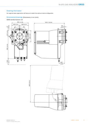 G M 3 5 | S I C K8009253/2015-11
Subject to change without notice
99
In-situ gas analyzers GM35
Ordering information
Our regional sales organization will help you to select the optimum device configuration.
Dimensional drawings (Dimensions in mm (inch))
GM35 sender/receiver unit
291 (11.46)
135 (5.31) 156 (6.14)
45° 45°
99,7
(3,93)
531,7 (20.93)
6,8
(0.27)
200(7.87)
27
(1.06)
110(4.33)390(15.35)106
(4.17)
643(25.31)

95°
 