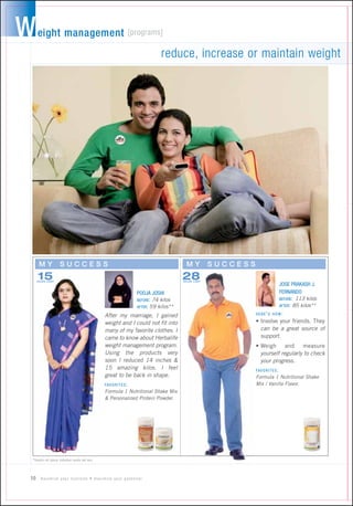 KILOS LOST                                     KILOS LOST




                                 74 kilos                                   113 kilos
                                59 kilos**                                 85 kilos**
             After my marriage, I gained
             weight and I could not fit into
             many of my favorite clothes. I                   can be a great source of
             came to know about Herbalife                     support.
             weight management program.
             Using the products very                          yourself regularly to check
             soon I reduced 14 inches &                       your progress.
             15 amazing kilos. I feel
             great to be back in shape.                     Formula 1 Nutritional Shake
                                                            Mix / Vanilla Flavor.
             Formula 1 Nutritional Shake Mix
             & Personalized Protein Powder.
 