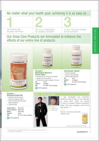 “I was overweight and unhealthy.
KILOS
LOST                Herbalife products were a true blessing,
                    as using them made me reduce
                    21 kilos in 16 weeks. Thanks to Herbalife,
                    today I feel more energetic and fit than
                    ever before.”**
         96 KILOS
        75 KILOS
                    Formula 1 Nutritional Shake Mix
                    / Mango Flavor.
 