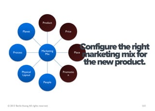 Product


               Planet                          Price




                                  Marketing
                                                             Configure the right
     Process
                                    Mix
                                                             marketing mix for
                                                         Place


                                                              the new product.
              Physical                        Promotio
              Layout                             n

                                    People




© 2013 Berlin Asong. All rights reserved.                                    102
 