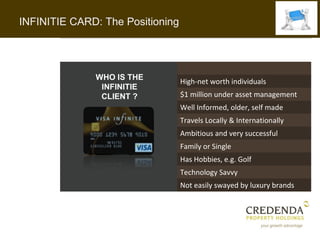 INFINITIE CARD: The Positioning




              WHO IS THE
                                  High-net worth individuals
               INFINITIE
               CLIENT ?           $1 million under asset management
                                  Well Informed, older, self made
                                  Travels Locally & Internationally
                                  Ambitious and very successful
                                  Family or Single
                                  Has Hobbies, e.g. Golf
                                  Technology Savvy
                                  Not easily swayed by luxury brands
 
