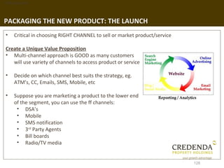 1. Background




PACKAGING THE NEW PRODUCT: THE LAUNCH
 •   Critical in choosing RIGHT CHANNEL to sell or market product/service

 Create a Unique Value Proposition
 • Multi-channel approach is GOOD as many customers
    will use variety of channels to access product or service

 •   Decide on which channel best suits the strategy, eg.
     ATM’s, CC, Emails, SMS, Mobile, etc

 •   Suppose you are marketing a product to the lower end
     of the segment, you can use the ff channels:
      • DSA’s
      • Mobile
      • SMS notification
      • 3rd Party Agents
      • Bill boards
      • Radio/TV media


                                                                            128
 