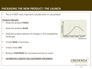 1. Background




PACKAGING THE NEW PRODUCT: THE LAUNCH
 •   The or if NOT most important consideration in any product

 Product Lifecycle
 • Keep the product FRESH

 •   Keep the product ALIVE

 •   Keep the product abreast of changes in the competitive
     landscape

 •   Create NEW re-launches

 •   Create more VAS

 •   Bring on PARTNERS for increased services or reach

 •   ULTIMATELY CREATE THE CUSTOMER STICKINESS


                                                                 130
 