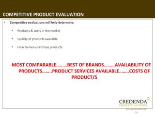 1. Background




COMPETITIVE PRODUCT EVALUATION
 •   Competitive evaluations will help determine:

       •   Products & costs in the market

       •   Quality of products available

       •   How to measure those products




       MOST COMPARABLE………BEST OF BRANDS………AVAILABILITY OF
         PRODUCTS……..PRODUCT SERVICES AVAILABLE……..COSTS OF
                           PRODUCT/S




                                                     34
 