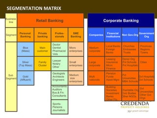SEGMENTATION MATRIX
Business
  line                  Retail Banking                                     Corporate Banking


           Personal     Private      Profes-       SME                       Financial               Government
Segment                                                        Companies                 Non Gov.Org
           Banking      banking      sionals      Banking                   institutions                Org


                                   Doctor
                                                                            Local Banks    Churches      Provinces
             Blue         Main     Dentist       Micro         Medium
                                                                            Foreign        Embassies     Regions
            (Mass)      customer   Pharmacist    enterprises   corporate
                                                                            Banks          Trusts        Towns
                                   Vets
                                                                            Leasing       Donor Org
                                   Lawyer
              Silver     Family                  Small         Large        Insurance     Pvt Schools Cities
                                   Notary
           (Top Mass)    Cluster                 enterprises   corporate    Micro         Pvt Hospitals
                                   Other
                                                                            Finance
                                   Geologists                               Pension
  Sub                                            Medium                                   Pvt
             Gold                  Architects                  Multi        Funds                      Gvt Hospitals
Segment                                           size                                    Universities
           (Affluent)              Engineers                   nationals    Asset Mgrs                 Gvt Schools
                                                 enterprises                              MBA Schools
                                   Accountants                              Building
                                   Auditors                                                              Gvt
                                                                            Societies     Charitable Org
                                   Bus.& Fin.                                                            Universities
                                                                            Investment    Civic Bodies
                                   Consultants                                                           Other Gvt
                                                                            Banks         Other NGOs
                                                                                                         Orgs
                                                                            Other FIs.
                                   Sports-
                                   Persons
                                   Journalists
                                                                                              70
 