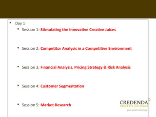  Day 1
    Session 1: Stimulating the Innovative Creative Juices



     Session 2: Competitor Analysis in a Competitive Environment



     Session 3: Financial Analysis, Pricing Strategy & Risk Analysis



     Session 4: Customer Segmentation



     Session 5: Market Research
 