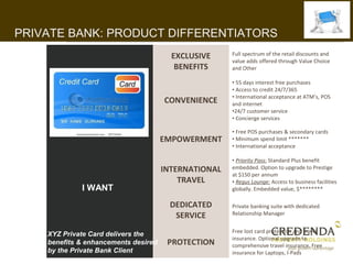 PRIVATE BANK: PRODUCT DIFFERENTIATORS
                                        EXCLUSIVE     Full spectrum of the retail discounts and
                                                      value adds offered through Value Choice
                                         BENEFITS     and Other

                                                      • 55 days interest free purchases
                                                      • Access to credit 24/7/365
                                                      • International acceptance at ATM’s, POS
                                      CONVENIENCE     and internet
                                                      •24/7 customer service
                                                      • Concierge services

                                                      • Free POS purchases & secondary cards
                                      EMPOWERMENT     • Minimum spend limit *******
                                                      • International acceptance

                                                      • Priority Pass: Standard Plus benefit
                                      INTERNATIONAL   embedded. Option to upgrade to Prestige
                                                      at $150 per annum
                                          TRAVEL      • Regus Lounge: Access to business facilities
             I WANT                                   globally. Embedded value, $********

                                       DEDICATED      Private banking suite with dedicated
                                        SERVICE       Relationship Manager


                                                      Free lost card protection and travel
    XYZ Private Card delivers the
                                                      insurance. Optional upgrade to
    benefits & enhancements desired    PROTECTION     comprehensive travel insurance. Free
    by the Private Bank Client                        insurance for Laptops, I-Pads
 