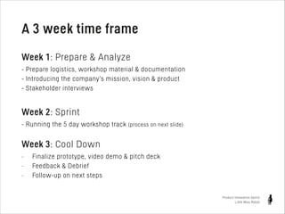 A 3 week time frame
!

Week 1: Prepare & Analyze
- Prepare logistics, workshop material & documentation
- Introducing the company’s mission, vision & product
- Stakeholder interviews

!

Week 2: Sprint
- Running the 5 day workshop track (process on next slide)
!

Week 3: Cool Down
-

Finalize prototype, video demo & pitch deck
Feedback & Debrief
Follow-up on next steps

Product Innovation Sprint
Little Miss Robot

 