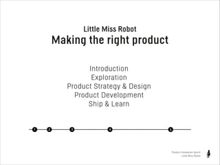 Little Miss Robot

Making the right product
Introduction
Exploration
Product Strategy & Design
Product Development
Ship & Learn

1

2

3

4

5

Product Innovation Sprint
Little Miss Robot

 