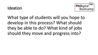 Ideation
What type of students will you hope to
develop in this process? What should
they be able to do? What kind of jobs
should they move and progress into?
 