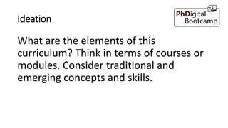 Ideation
What are the elements of this
curriculum? Think in terms of courses or
modules. Consider traditional and
emerging concepts and skills.
 