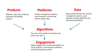 Products Platforms Data
Engagement
Websites, apps, bots, podcasts,
interactive storytelling
projects…
Content management systems,
social networks, commenting
systems, blogs, wikis…
Data provides the basis for content
management systems, social
networks, analytic platforms and
interactive storytelling
Digital engagement includes participation on
social networks, commenting on websites
and interacting with content.
Algorithms
The rules of the platform that determine
what a user sees
 