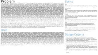 ProblemKings Langley school has been in need of a refurbishment for an extremely long time now. The exterior needs updating, their isn’t enough classrooms for the
increasing amount of students consequently meaning that ‘temporary classrooms’ have been built with poor heating and aren’t adequate for a teaching and
learning environment, some of the temporary classrooms have been known to have leakages in rainy weather. This will cause a difficult learning situation for
the children and could compromise their academic ability as they would not be able to achieve maximum focus in a cold and wet environment. The main hall is
dark and dingy and needs modernising. Also, the sporting facilities for example are not up to scratch whatsoever, the gym is cold, old and at most rainy times
damp. This small spaced sporting facility is really not big enough either only truly fitting one PE class at a time on a rainy day. Also the lack of space denies the
school the ability to have resources which could be vital in the academic learning of the kids taking physical subjects in school. There has also been many
complaints from teachers that only few classrooms have the interactive whiteboards which plays a necessary part in teaching as it has the ability to appeal to
all types of learners: kinaesthetic; they can have a hands on experience by doing activities using the board, auditory: the student can learn using the board
through hearing different speeches and videos that can be played through the board and visual; these student can watch videos, see pictures and draw using
the interactive whiteboard which makes learning an easier task. Although from the outside of the three-story block it looks modern and aesthetically pleasing,
it is an illusion as about 5 years ago the exterior to the building was replaced and refurbished but the interior was still left as the old and shabby classrooms.
Many of the facilities do not have a disabled access for example the three story block does not have a lift meaning that a student on crutches or in a
wheelchair would not be able to attend the classes on the second or third floor as they would not be able to get up the stairs. This is completely going against
the concept of school as it isn’t giving everyone the equal opportunity to learn because not everyone is able to attend these classes. The swimming pool is
probably the worst aspect of the school, besides the recent refurbishment of the changing rooms, the pool has indecisive lighting which doesn’t always decide
to work, it has broken floor tiles which are dangerous for the student and the pool itself is small and foul, The tiles at the bottom of the pool are a disgusting
mould colour (even though they are meant to be white), I could imagine many student creating excuses to avoid having to go into that pool which is stopping
Kings Langley School from achieving participation in sport from children. The exterior sports facilities also need major modernizing as the netball/tennis courts
have a concrete flooring which can be dangerous for students during a physical education lesson encase they fall and injure themselves. but far from least the
school recently won the 2013 Rock Challenge National Championships a huge and great accomplishment for the school to achieve shining a huge light on the
quality of performance coming out of Kings Langley School, however the students have to practice in the rather unnecessary school hall which is also used at
lunch and assembly times, as a school specialising in the arts I feel its important to give both the drama and dance department somewhere they can call their
own to practice in with all the required features which align with London and America dance and drama studios.
There are many problems with Kings Langley school at the moment and all of these issues need to be addressed. Luckily Kings Langley School has won the
opportunity for a rebuild of the school, this enables the school to update their facilities and create a better working environment for the children to achieve
the best grades that I are capable of. The focus of the new build is to stick to the theme of art and drama as the school is a specialist arts academy. As being
the winners of the 2013 Rock Challenge I believe that Kings Langley School deserves to have exceptional facilities in order to continue their massive title as
Rock Challenge Champions this means that their needs to be more drama studios with working high tech lighting to ensure that the drama performances are
of an exceptional standard so that Kings Langley can remain Rock Challenge champions. In the new build the temporary classrooms will be abolished and the
school will be built with enough classrooms for the ever increasing capacity of children at Kings Langley school. There no doubt needs to be an improvement in
the sports facilities as well, an indoor sports hall will be created to withstand harsh weather conditions to ensure that the interior stays dry and acceptable for
students to learn. The equipment inside the school will need to be replaced and updated; new computers are necessary and interactive whiteboards need to
be included in every classroom to ensure that all children are able to learn properly. The exterior sports facilities need to be taken out and replaced with an
AstroTurf or rubber flooring which means that the students have a better surface to play sports on and can reduce some injuries from the previous concrete
flooring. The new build need to cater more for student with disabilities therefor it requires lifts in all buildings with more than two floors, the school would
also need ramps into the buildings for wheelchair access.
Who:
Anyone who has connections with the schools new build: Teachers, students,
headmasters, school visitors, the community and developers and designers of
the new build.
What:
A visual prototype of the new build for kings Langley school which allows people
to get a three dimensional visual on what the school will look like and the
improvements that will be made.
Where:
The Model itself will be set on the field of the current kings Langley school and
will be on display in the reception for staff, visitors and students to see hat their
new school is going to look like.
When:
The model should be completed in about 5 months but I can not confirm a date
as it could vary. But should be complete in approximately 5 month.
Why:
There is a huge need for a new build, and the schools sports facilities and
educational resources need updating in to the modern generation, which is
more sustainable and practical.
How:
I will use a wide range of materials in order to complete my model, including,
Foam board, MDF, Fake Grass, Styrofoam, including a wide range of processes
such as vacuum forming, laser cutting hot wire cutting etc.
• Must be a realistic design that can fit onto a 600mm x 400mm base.
• Should feature the Kings Langley School emblem throughout the model.
• Must be a clear and coherent model so that the viewer can understand
clearly each aspect of the model and what its purpose is.
• Must include all of the necessary rooms for educational purposes; e.g.
classrooms for every subject, a hall, canteen, staff room etc.
• The school must cater for sporting so there needs to be an up to date
football pitch, rugby pitch, netball court and tennis court.
• The school needs to have a modern and futuristic theme throughout and
needs to have bright colours indicating the different departments in the
school.
• Must consider environmental and sustainability factors, for example wasting
materials and clear choice of most beneficial sustainable and aesthetical
model.
5WHs
Design Criteria
Brief
 