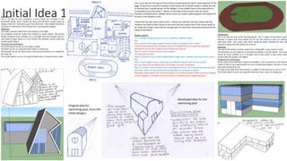 Initial Idea 1Component:
This is an idea for the reception, it was a little too complex in the
thumbnail design and it looked too busy and therefore would need my
design criteria so I removed a part from the front. I then added the hall to
the back of it because it was missing from my thumbnail designs.
Materials:
The walls could be made from Foam board or thin MDF.
The windows could be made from acetate or acrylic plastic. The Acrylic
Plastic would be more suitable as it is stronger than the Acetate and it is
also easier to glue down as it isn’t flimsy, this therefor would made the
overall quality higher.
Processes and techniques:
The foam board can be cut out using a scalpel.
The MDF can be cut using the Laser Cutter or band saw.
The acetate can be cut with scissors and vacuum formed is it is needed to
be made 3D.
The acrylic plastic can be cut using the band saw or using the laser cutter.
Component:
This is an idea for one of the learning blocks. The ‘L’ shape of the blocks it goo
because it means that more blocks can fit into the school as they can interloc
with each other. This means that there would be better facilities for the sma
amount of space that the school has to fit on.
Materials:
The wall of the blocks could be made from a thing MDF, Foam board or HIPS.
The Windows can be made from transparent acetate or Acrylic plastic. The Acryli
would be more suitable as it is stronger and is also easier to glue down whic
would make the quality a lot higher.
Processes and Techniques:
As the walls of the building it made of rectangles, it isn’t necessary to use the lase
cutter as that it more appropriate for more complicated designs, therefor a Teno
saw would be good to use.
If it was to be made from foam board, a scalpel it’s the best tool to use to cut it.
The acrylic plastic can be cut using the band saw, laser cutter or coping saw.
This is one idea for the layout of the school incorporating the ideas I have explored of this
page. At the front it has the reception (I had drawn the reception before I added the hall
to the back but it would be part of the design). In the middle there is the quad which is
surrounded by the two story ‘L’ Blocks. At the back of the school it has the sports
facilities; a football pitch, netball/ tennis courts, an indoor swimming pool and behind all
of them is the Athletics track.
I think that this idea works well as the ‘L’ blocks can interlock and this means that the
students can walk to their classes in less time and also means that if the school needs to
be made even larger, there will be enough space to add more classrooms because of the
shape of the Blocks.
Design criteria:
Is it a realistic design that can fit onto a 600mm x 400mm base?
Yes.
Doe it feature the Kings Langley School emblem throughout the model?
It will be featured on the reception and the PE department but wont be necessary
around the rest of the school so to an extent yes and no.
Does it contain classrooms for every subject?
Yes (see plan on left).
Does it contain an up to date football pitch, rugby pitch, netball court and tennis court?
Yes.
Does it have bright colours indicating the different departments in the school?
No, but these can be added when the design is further developed.
Does it consider environmental and sustainability factors, for example wasting materials
and clear choice of most beneficial sustainable and aesthetical model?
Although acrylic plastic can not be recycled, it is a thermo plastic which can be re-heated
and re-shaped it a mistake has been made so it would reduce waste materials.
Developed idea for the
swimming pool
Original idea for
swimming pool, from the
initial designs
 