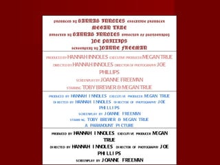 PRODUCED BY  HANNAH INNOLES  EXECUTIVE PRODUCER  MEGAN TRUE DIRECTED BY  HANNAH INNOLES  DIRECTOR OF PHOTOGRAPHY  JOE PHILLIPS SCREENPLAY BY  JOANNE FREEMAN STARRING  TOBY BREWER & MEGAN TRUE A PARAMOUNT PICTURE PRODUCED BY  HANNAH INNOLES  EXECUTIVE PRODUCER  MEGAN TRUE DIRECTED BY  HANNAH INNOLES  DIRECTOR OF PHOTOGRAPHY  JOE PHILLIPS SCREENPLAY BY  JOANNE FREEMAN STARRING  TOBY BREWER & MEGAN TRUE A PARAMOUNT PICTURE PRODUCED BY  HANNAH INNOLES  EXECUTIVE PRODUCER  MEGAN TRUE DIRECTED BY  HANNAH INNOLES  DIRECTOR OF PHOTOGRAPHY  JOE PHILLIPS SCREENPLAY BY  JOANNE FREEMAN STARRING  TOBY BREWER & MEGAN TRUE A PARAMOUNT PICTURE PRODUCED BY  HANNAH INNOLES  EXECUTIVE PRODUCER  MEGAN TRUE DIRECTED BY  HANNAH INNOLES  DIRECTOR OF PHOTOGRAPHY  JOE PHILLIPS SCREENPLAY BY  JOANNE FREEMAN STARRING  TOBY BREWER & MEGAN TRUE A PARAMOUNT PICTURE 